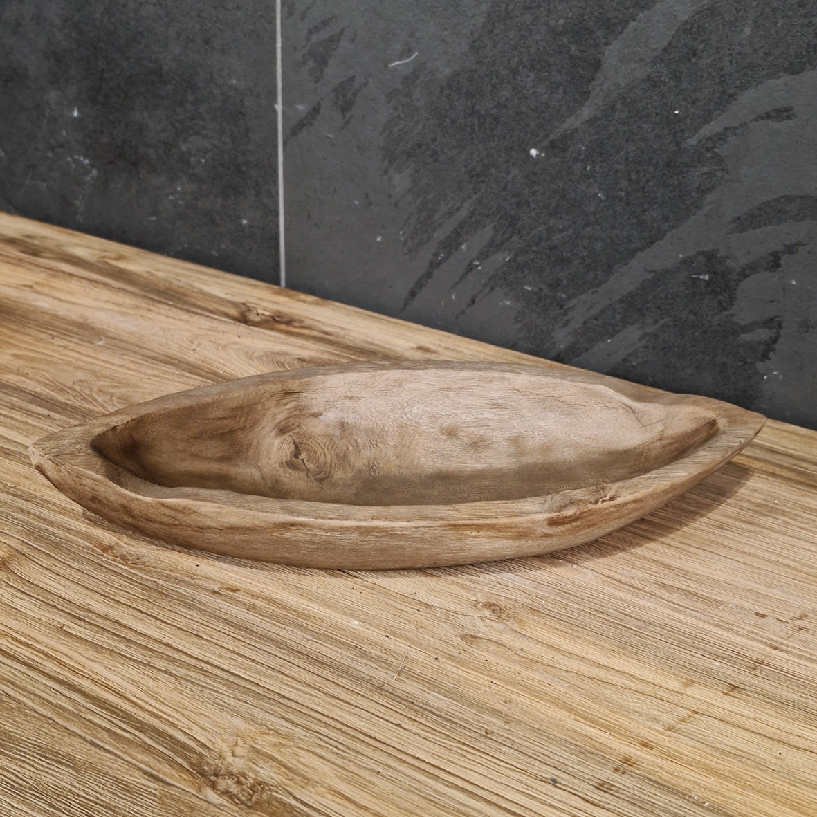 Deko-Schale aus Teak-Altholz, länglich oder rund, für Badgestaltung, natürliche Holzoptik, handgefertigt, rustikales Design