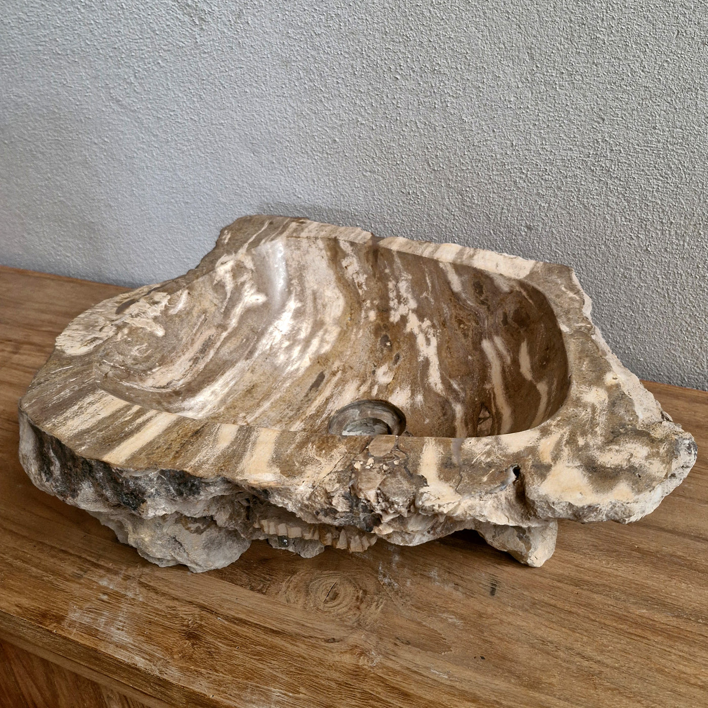 Aufsatzwaschbecken aus versteinertem Holz von FOSSIL WOOD, Naturstein, handgefertigt, Maße 47x37x14 cm, für Badgestaltung.