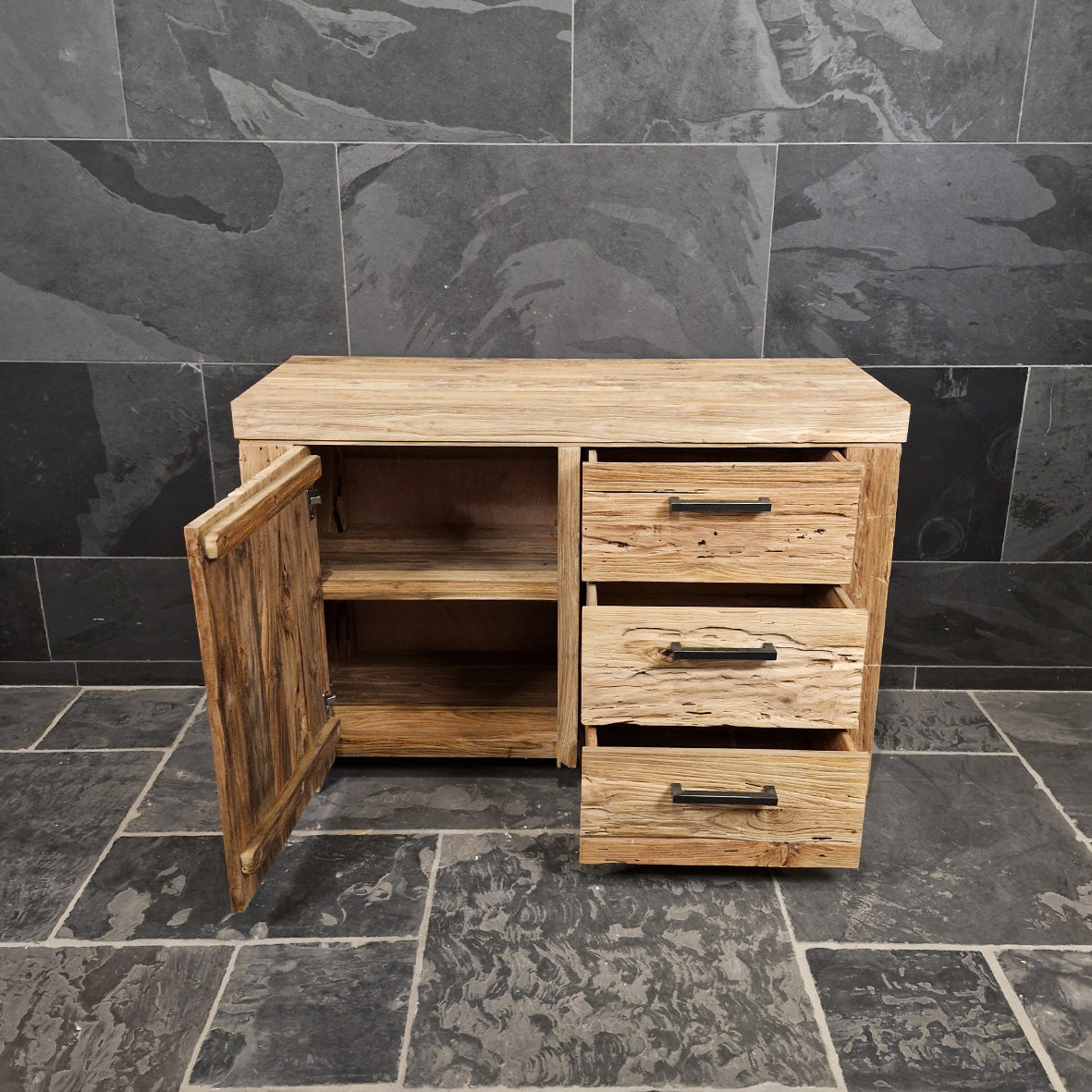 Bali Teakholz Badezimmer-Unterschrank, schlichte elegante Badgestaltung aus Naturmaterial, Modell 2, rechte Seite, 120x47x80cm