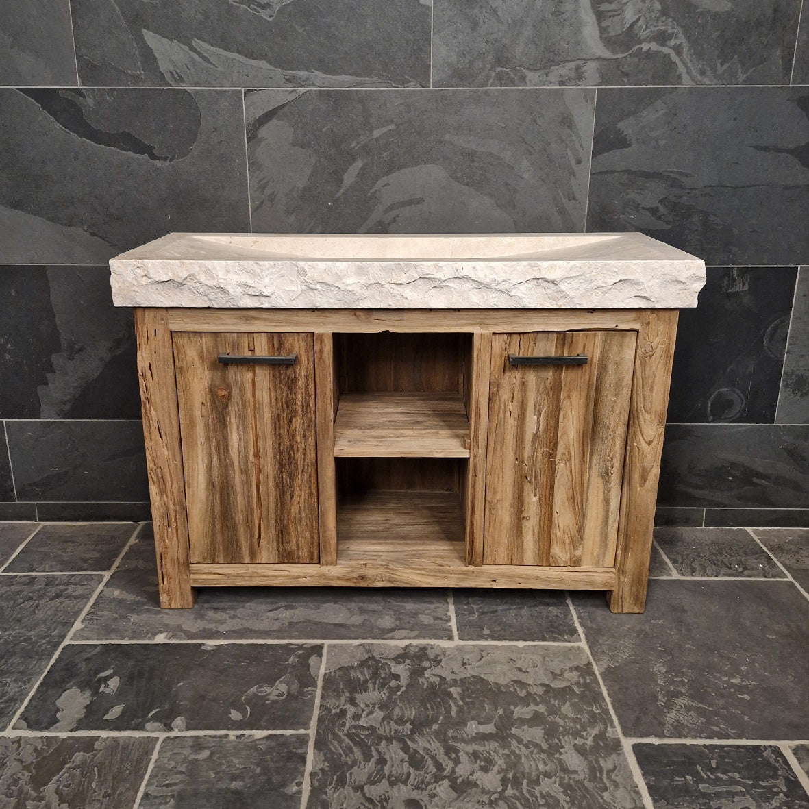 Teakholz Unterschrank mit Waschtisch | 126 x 55 x 80 cm | Handgefertigt | Model 2