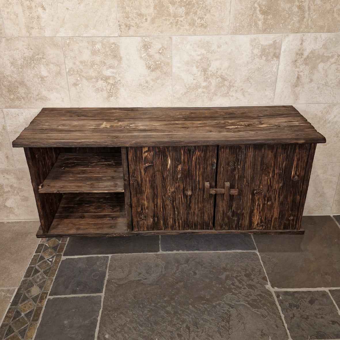 Brunei Teakholz Hängeschrank für Bad, natürliches Design, Burned Wood Optik, Maße 150x50x60cm, moderne Badgestaltung