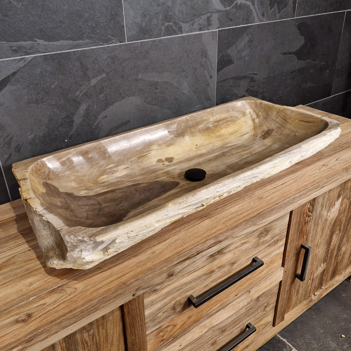 Aufsatzwaschbecken aus versteinertem Holz von FOSSIL WOOD, Naturstein, Unikat, 109x47x18 cm für Badgestaltung