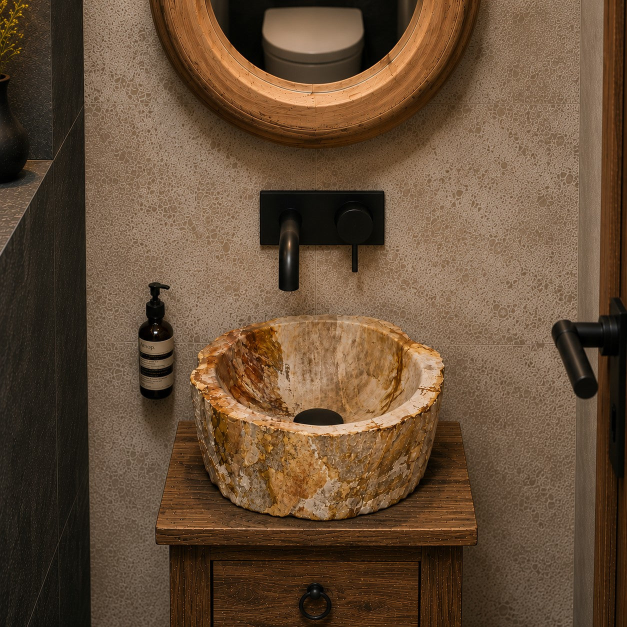 Aufsatzwaschbecken aus versteinertem Holz | Unikate | Naturstein | 30-40 cm