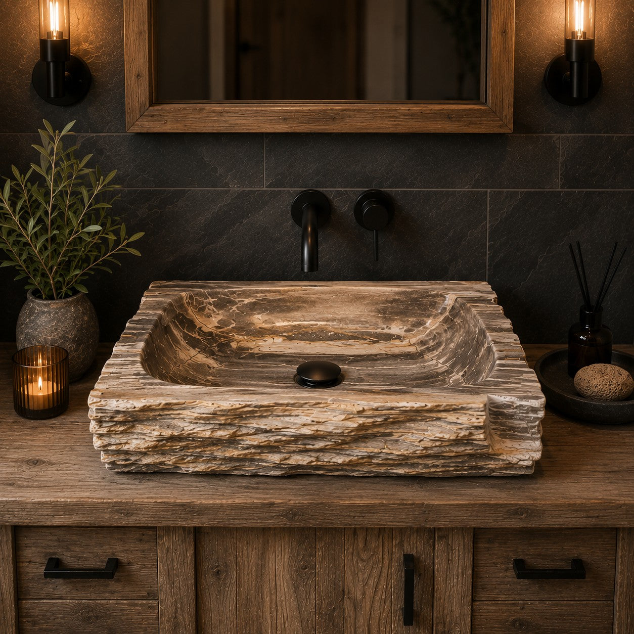 Aufsatzwaschbecken aus versteinertem Holz | Naturstein | Unikate | 60-80 cm