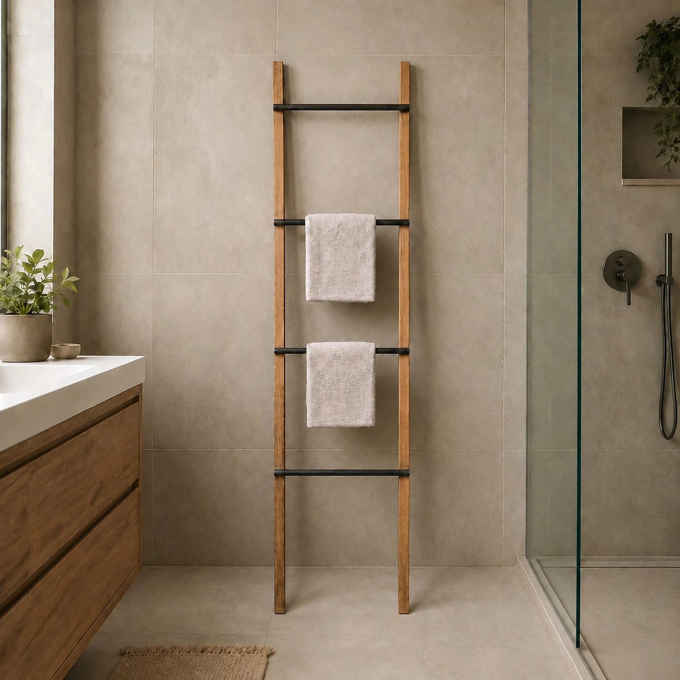 Teakholz Badaccessoire mit Metall | Moderner Natur-Look | 180 cm