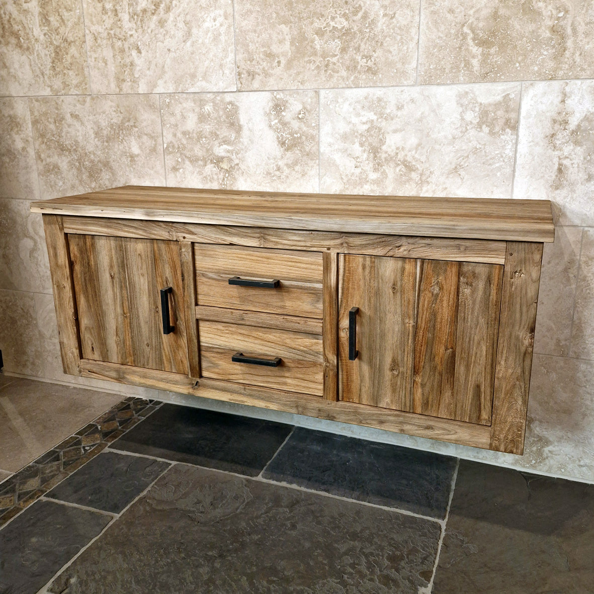 Wandhängeschrank Badezimmer aus recyceltem Teakholz, massiv, mit stilvoller Badgestaltung von Jakarta, 150x48x58cm