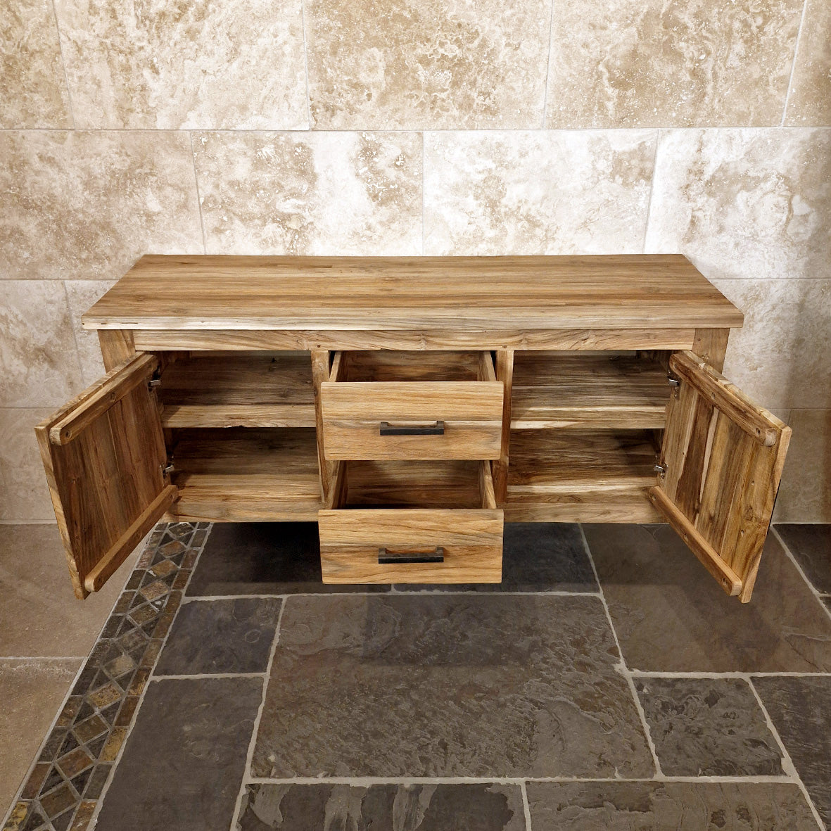 Wandhängeschrank Badezimmer aus recyceltem Massivholz Teak, Jakarta, 150x48x58cm, moderne Badgestaltung