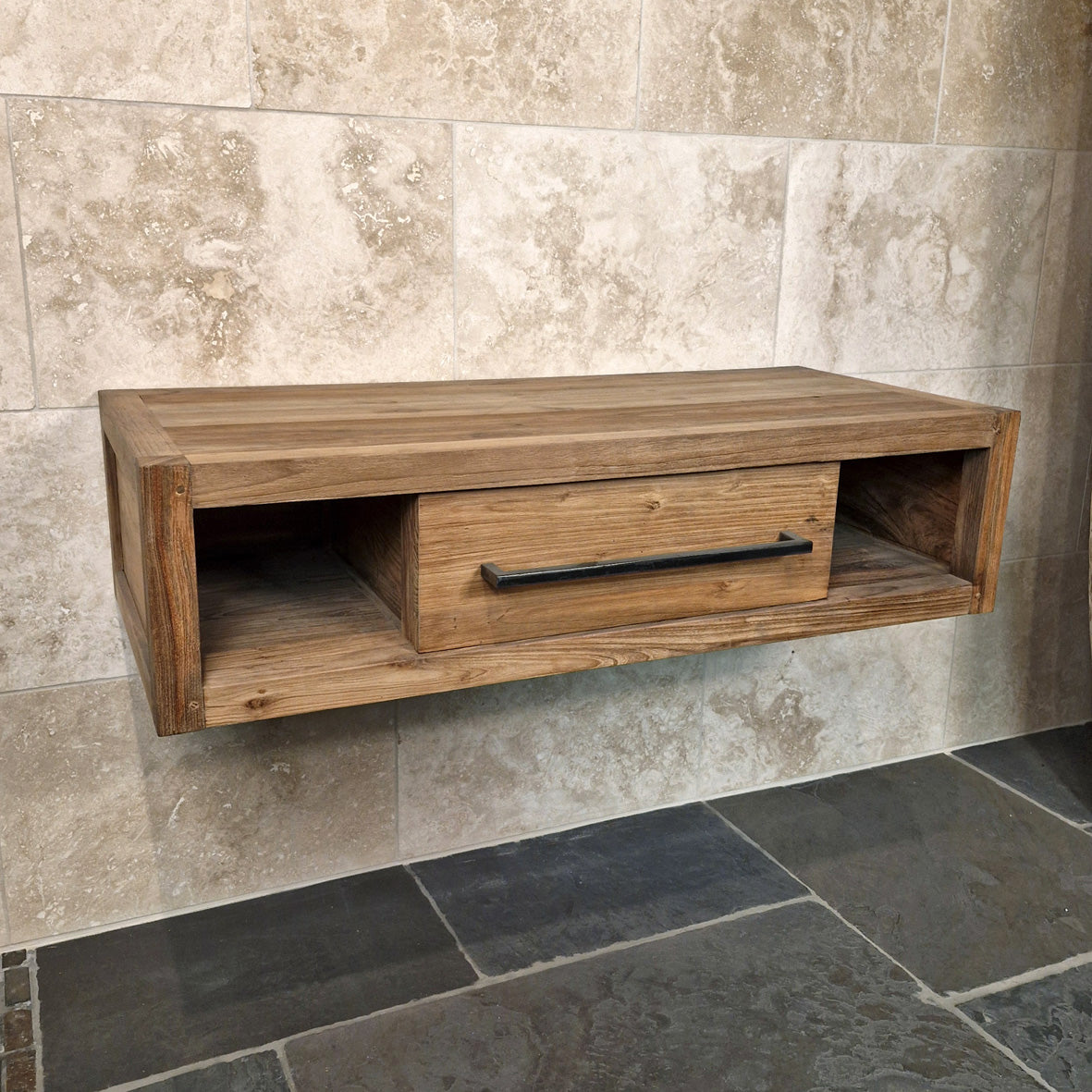 Hängeschrank für Bad aus recyceltem Teakholz, Wandmontage, naturfarben, Komodo, Maße 120x53x40cm, stilvolle Badgestaltung
