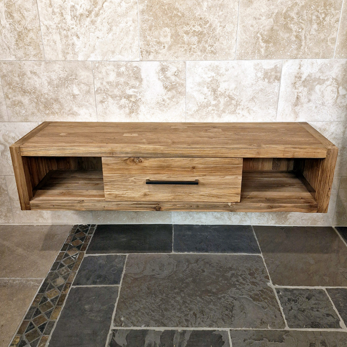 Hängeschrank für Bad aus recyceltem Teakholz, Wandmontage, naturfarben, von Komodo, Maße 180x53x40cm