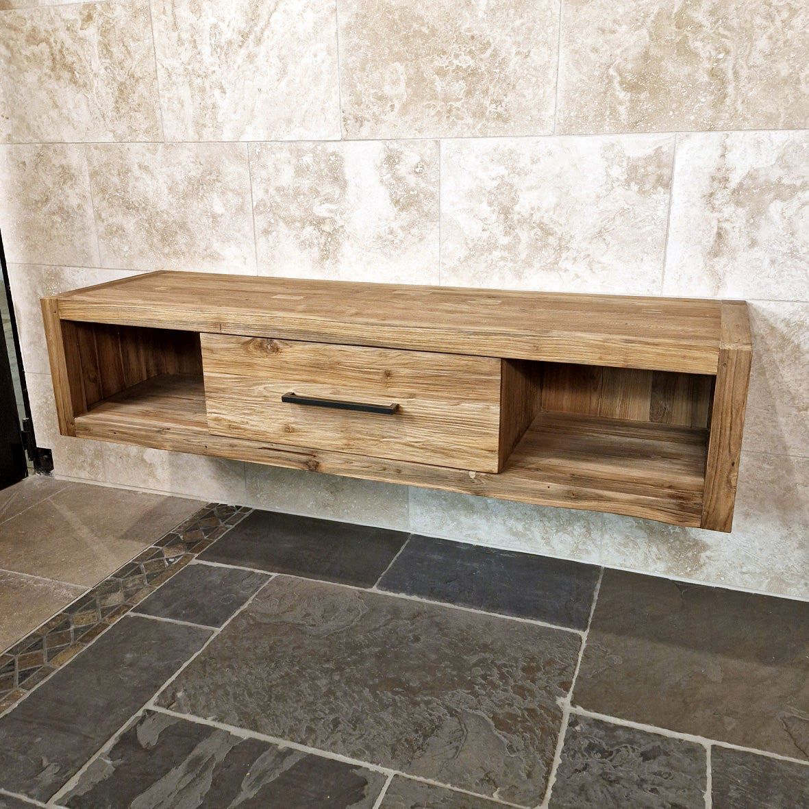 Hängeschrank für Bad aus recyceltem Teakholz, Wandmontage, naturfarben, von Komodo, Maße 180x53x40cm, stilvolle Badgestaltung
