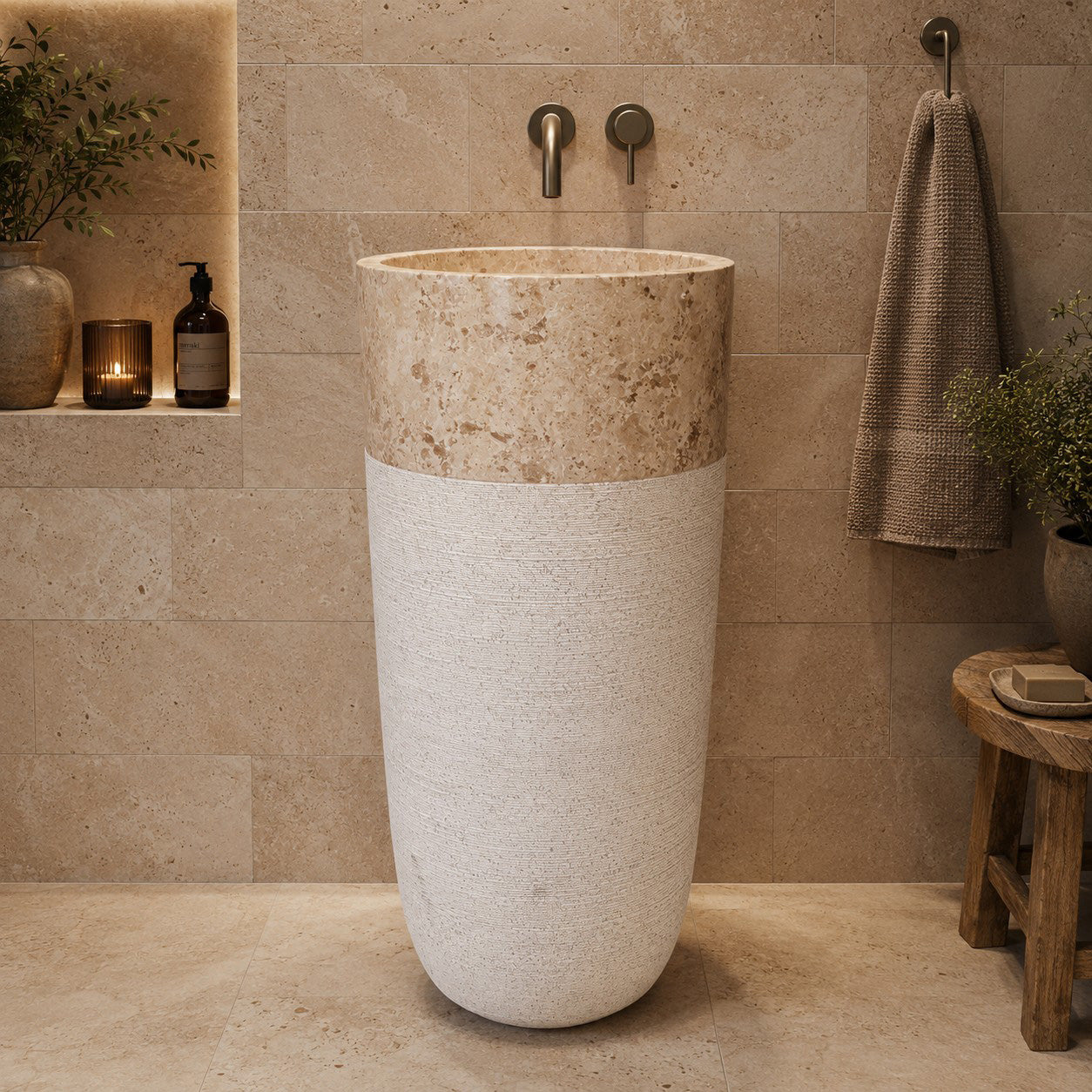 Standwaschbecken | Marmor cremeweiß und beige | 90 x 50 cm | Badgestaltung