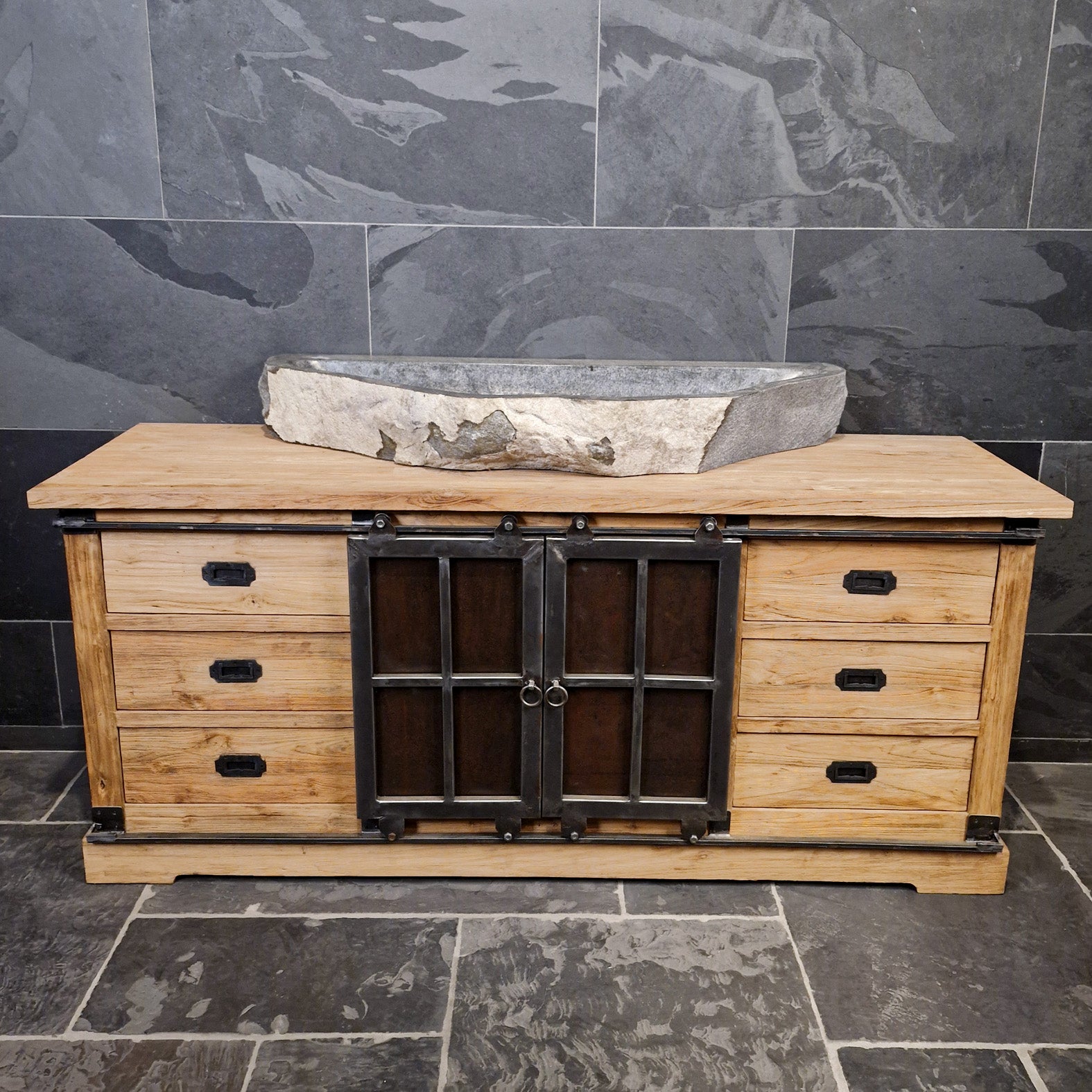 Unterschrank Badezimmer | Recyceltes Teak | Unterschrank mit Metall Schiebetüren