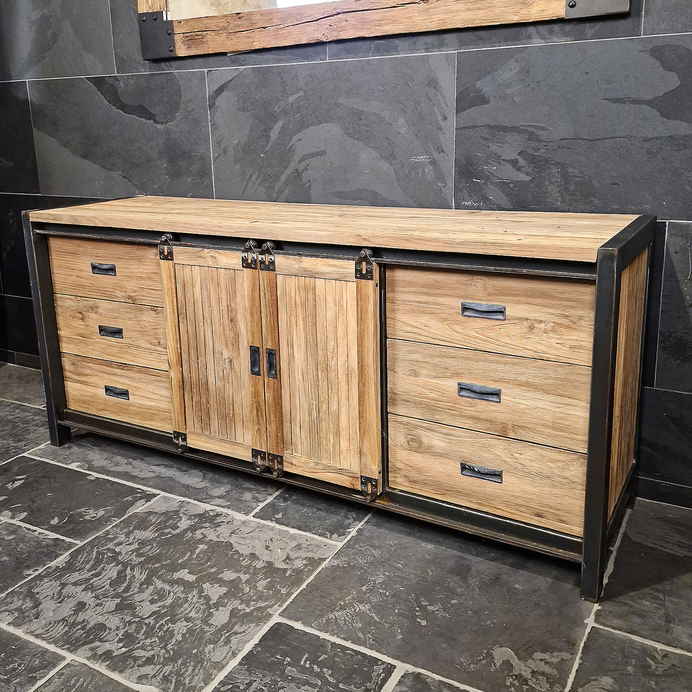 Unterschrank mit Schiebetüren aus recyceltem Teakholz, MOTANA Badgestaltung, glatt, 180x52x80cm, modernes Badezimmermöbel