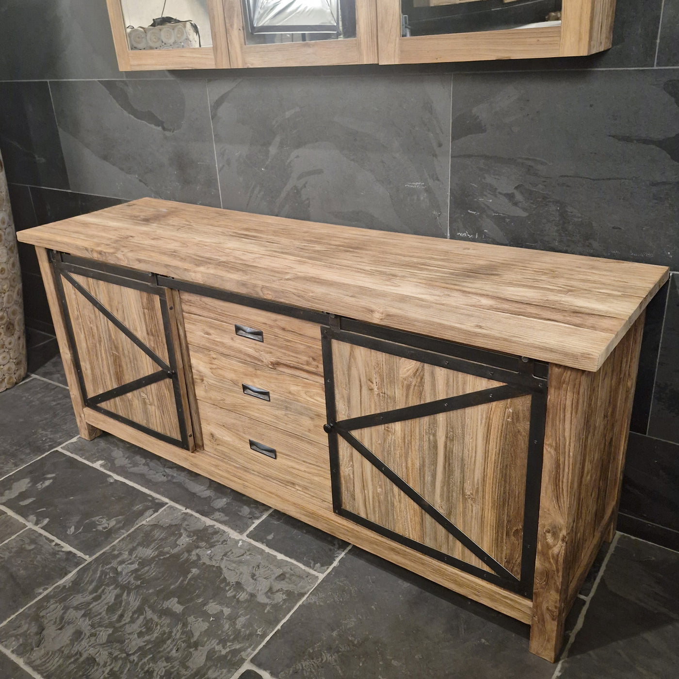 Otara Teakholz Badunterschrank mit drei Schubladen, langlebige Badkommode in natürlichem Holzdesign, 186x55x80cm