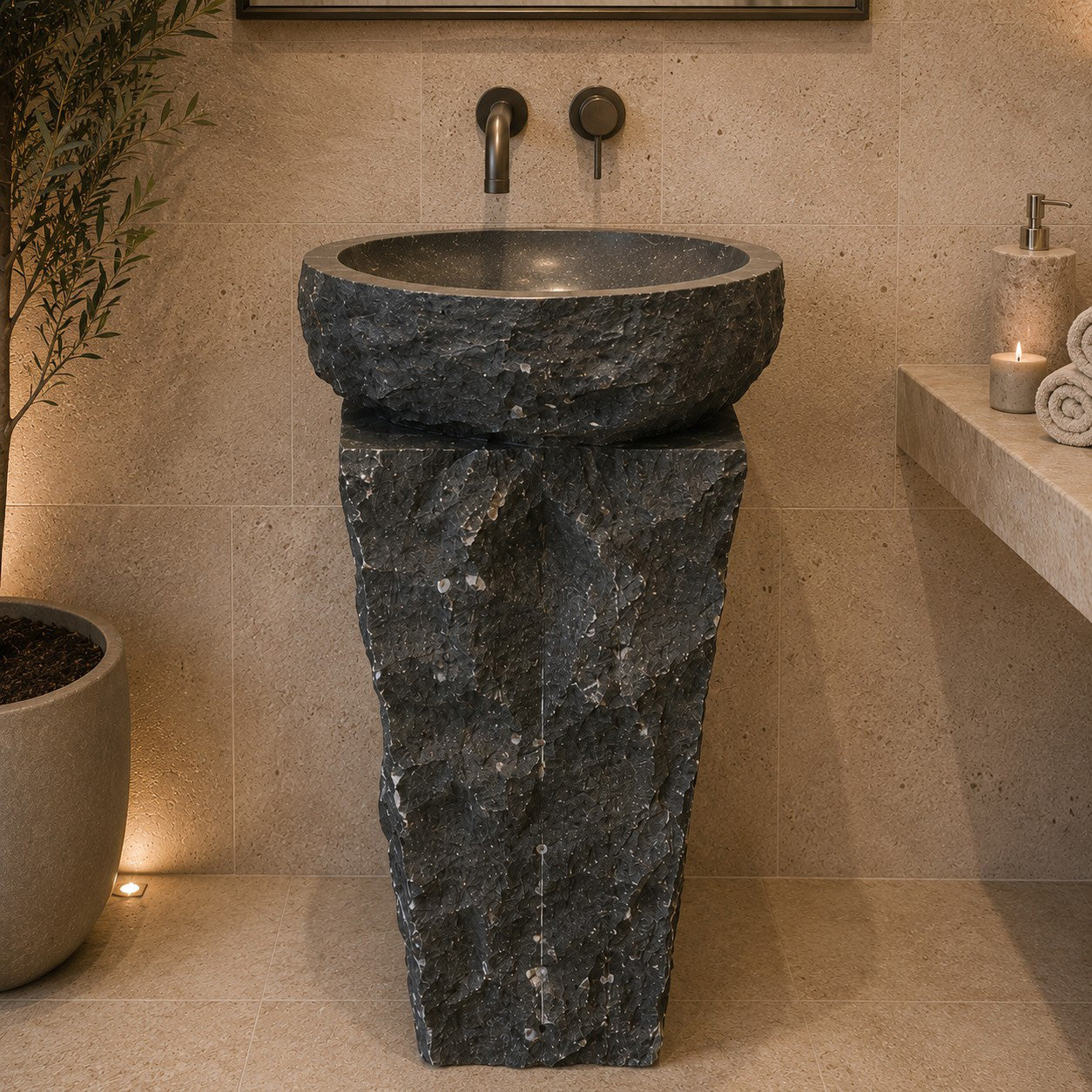 Waschbeckensäule aus Kalkstein | anthrazit | Pilar | Ø 45 × H 95 cm