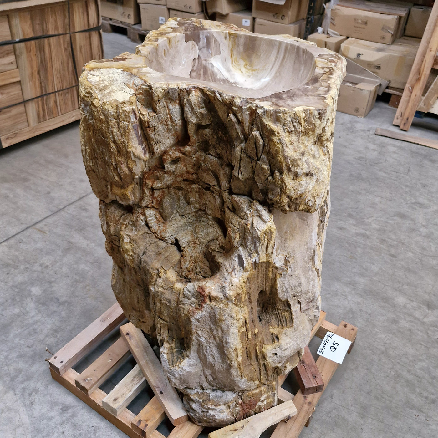 Standwaschbecken aus versteinertem Holz, 57x47x90 cm, mit Unteranschluss, Zakynthos Badgestaltung, einzigartiges Fossilholz-Design
