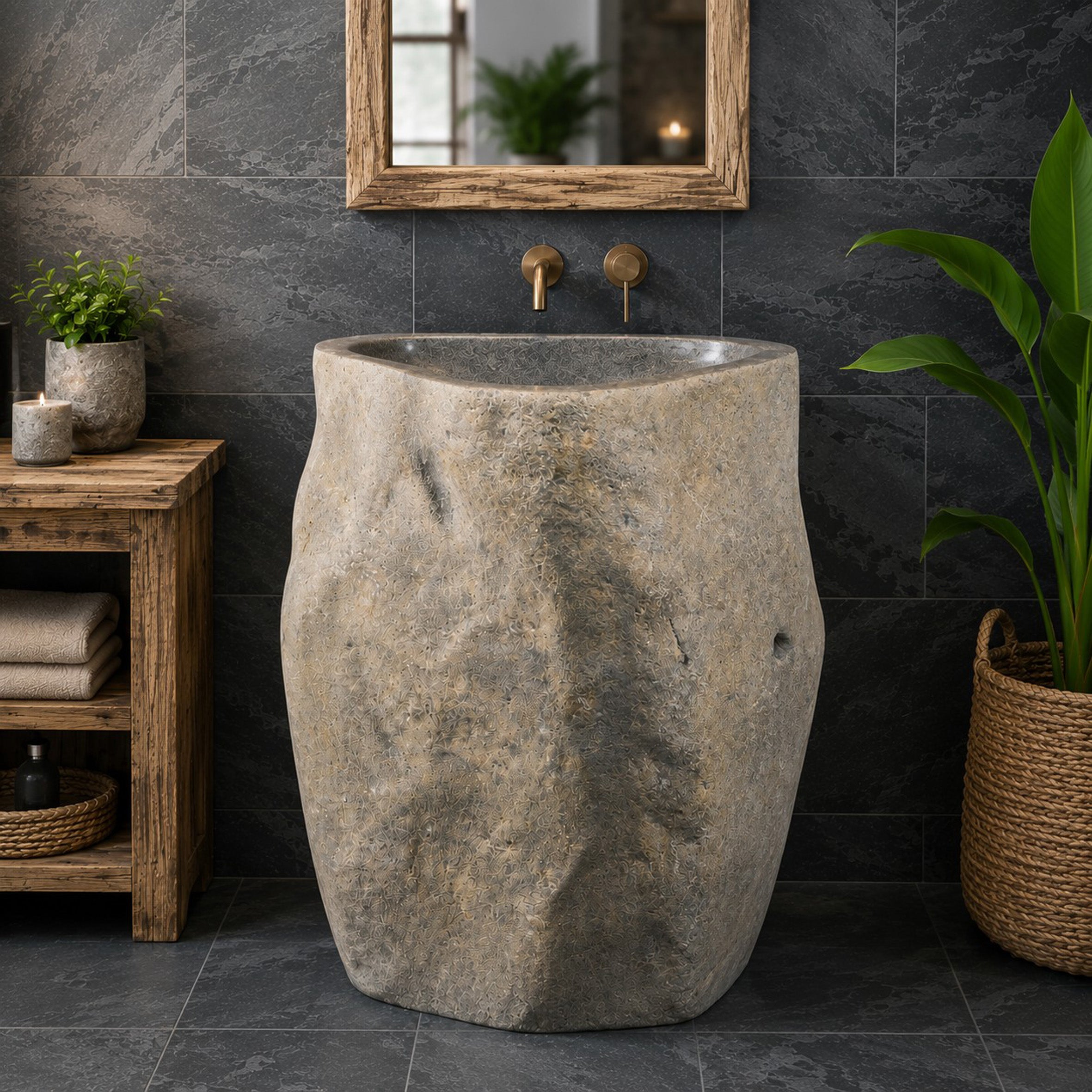 Standwaschbecken aus Flussstein | naturbelassen | 70 × 53 × 90 cm | Rhodos R15