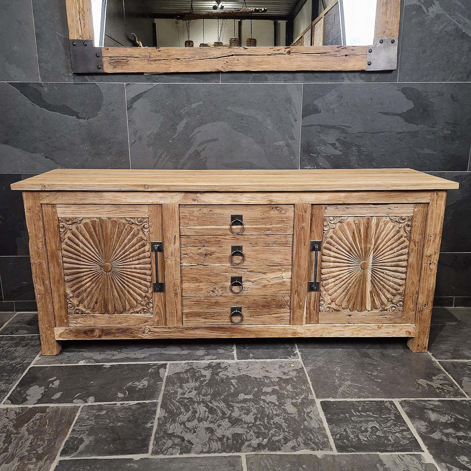 Sample Unterschrank mit Carving Blumen | Recyceltes Teakholz | Sample Flower 2