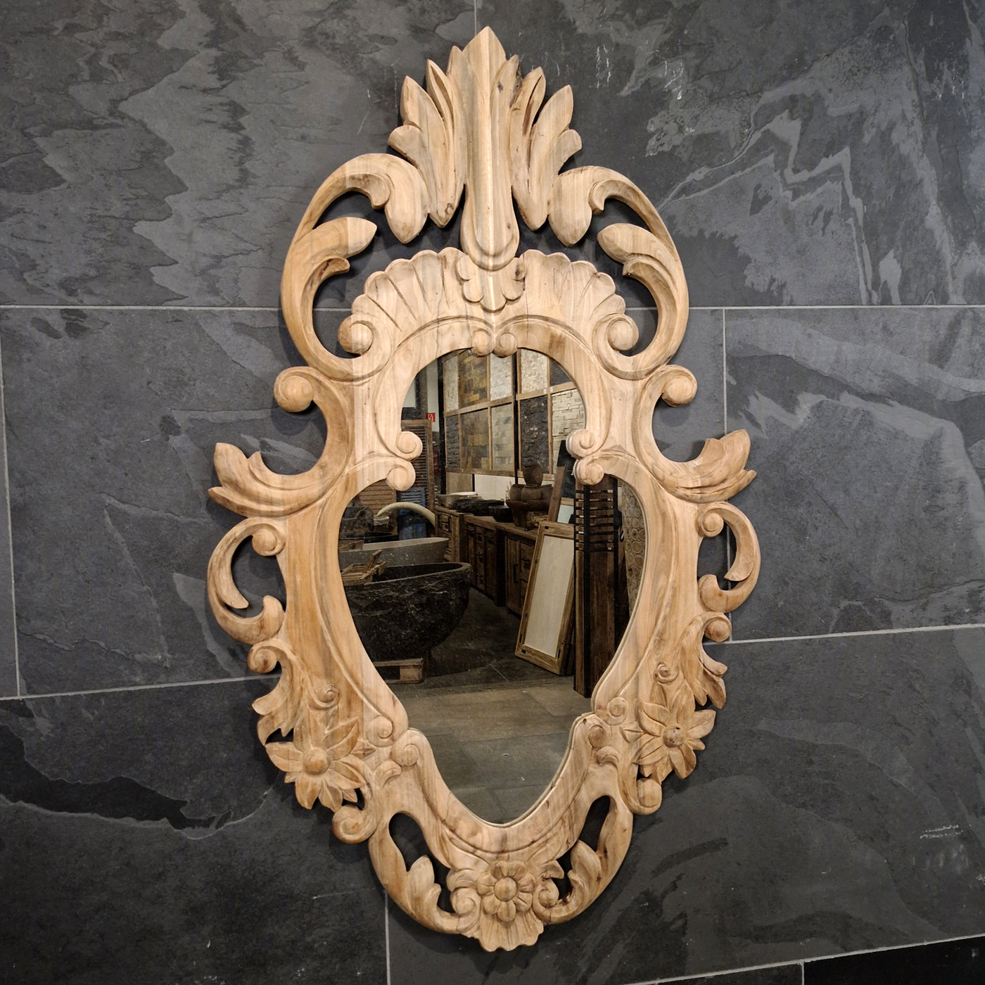 Wandspiegel Badspiegel aus recyceltem Teakholz, rechteckig, 72x115x3 cm, Baumstumpf, für Badgestaltung