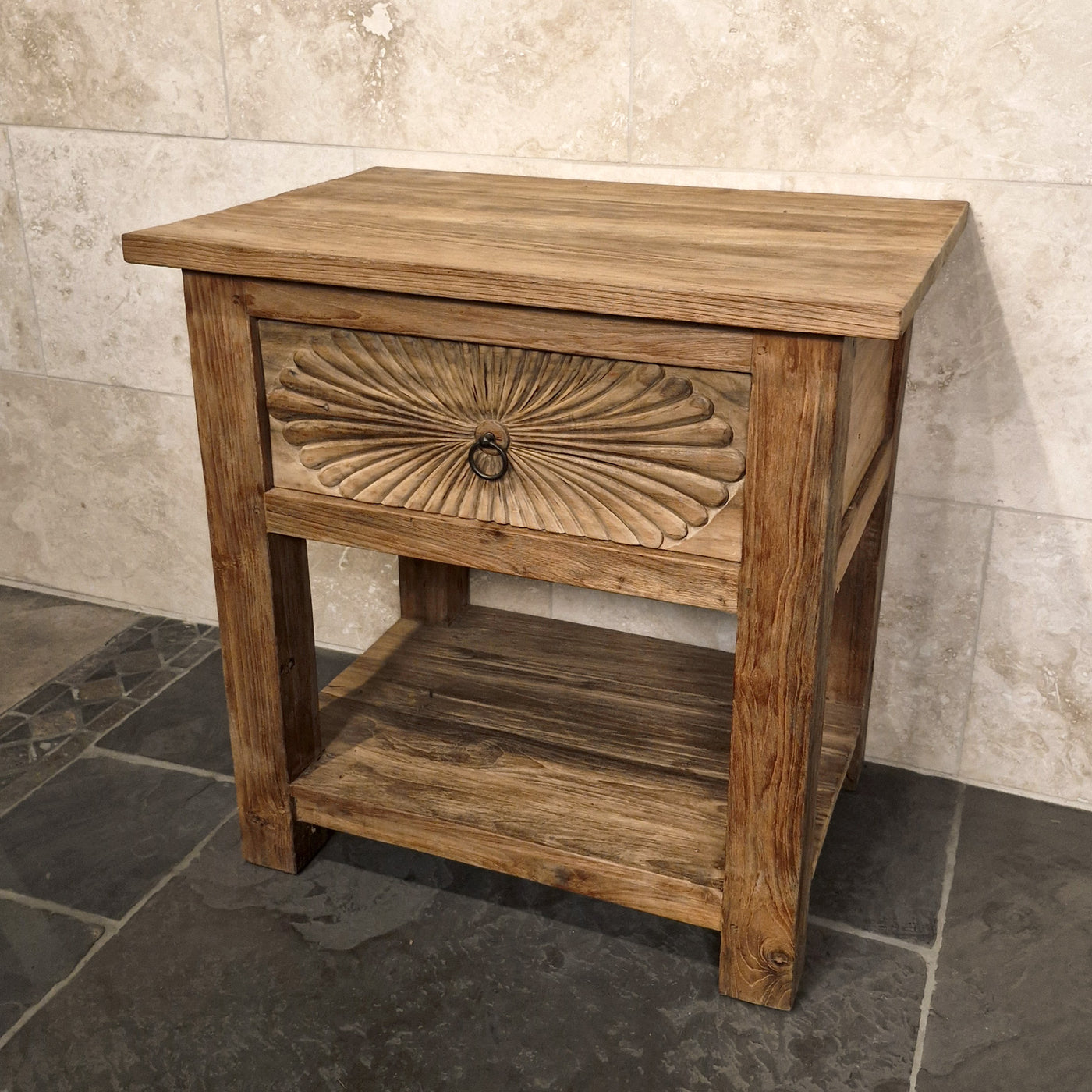 Badunterschrank aus recyceltem Teakholz mit Carving-Schublade, Maße 80x55x80cm, von Sulawesi, handgefertigte Badgestaltung