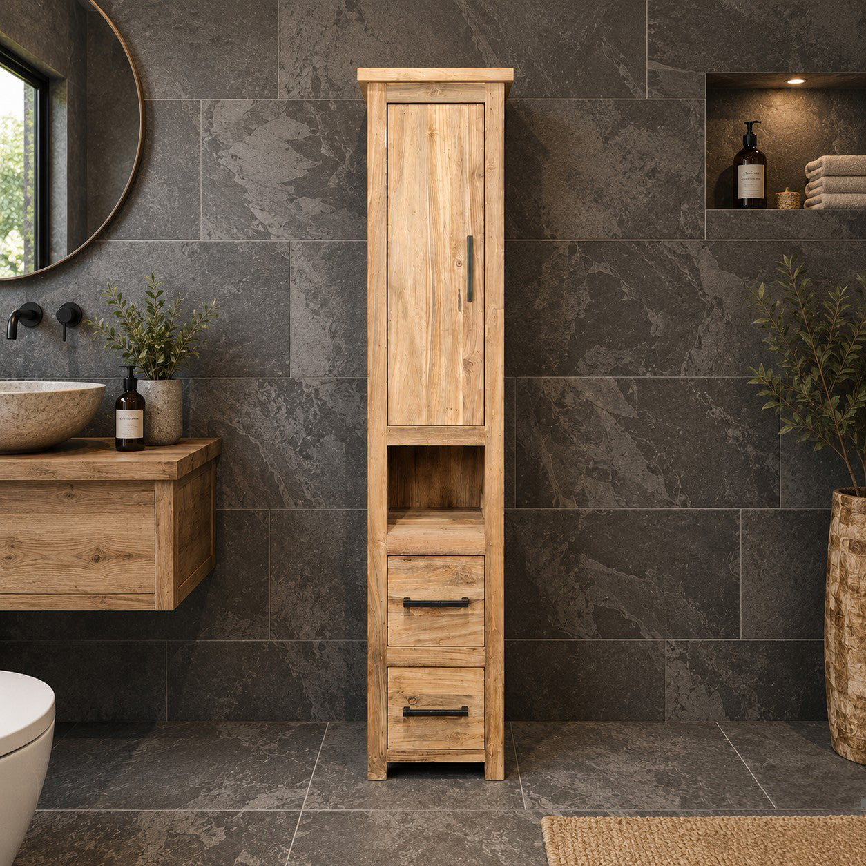 Badkamer hoge kast | Massief teakhout | Duurzaam handgemaakt | Model 2