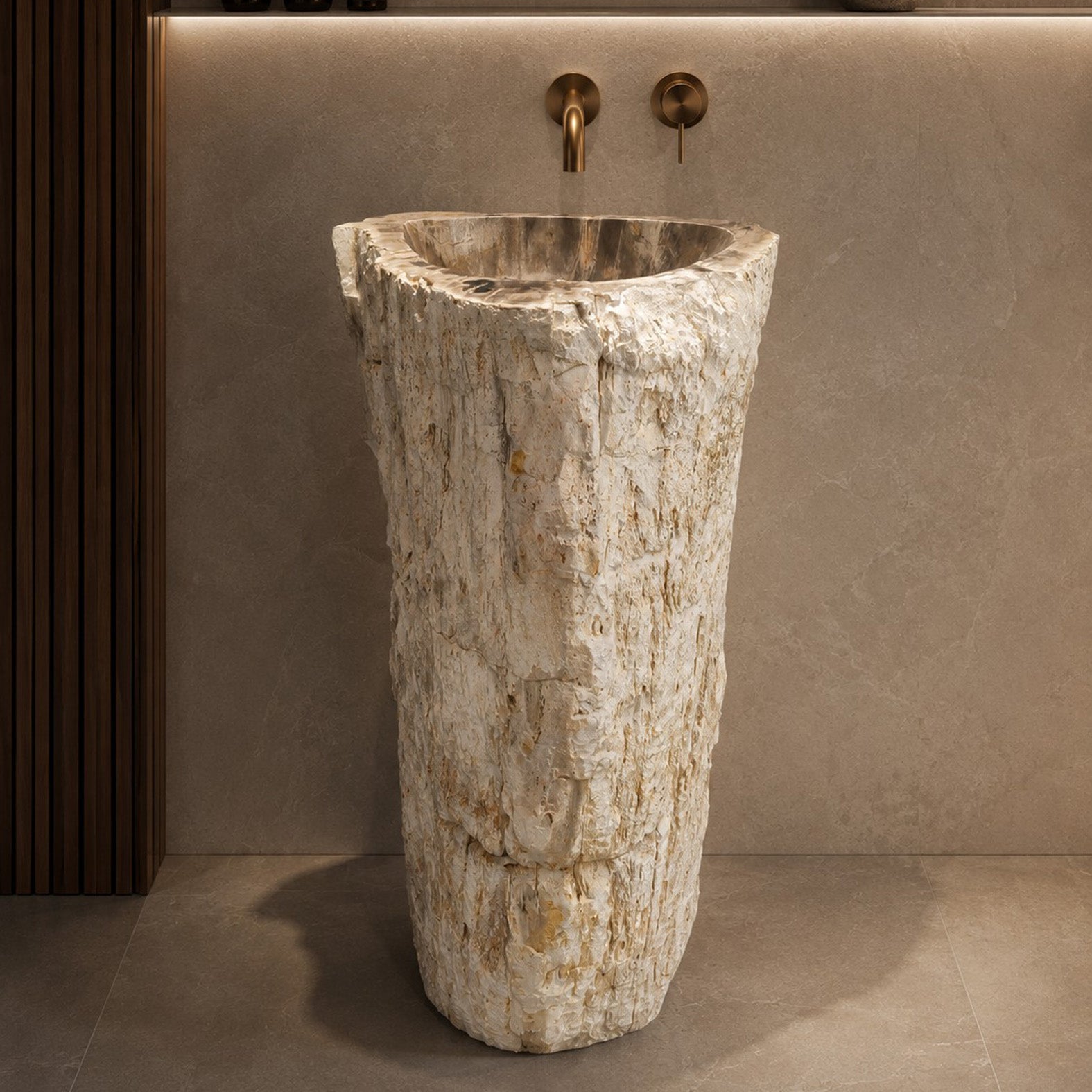 Standwaschbecken aus versteinertem Holz | naturbelassene Form | 50 × 47 × 90 cm | Zakynthos Z1
