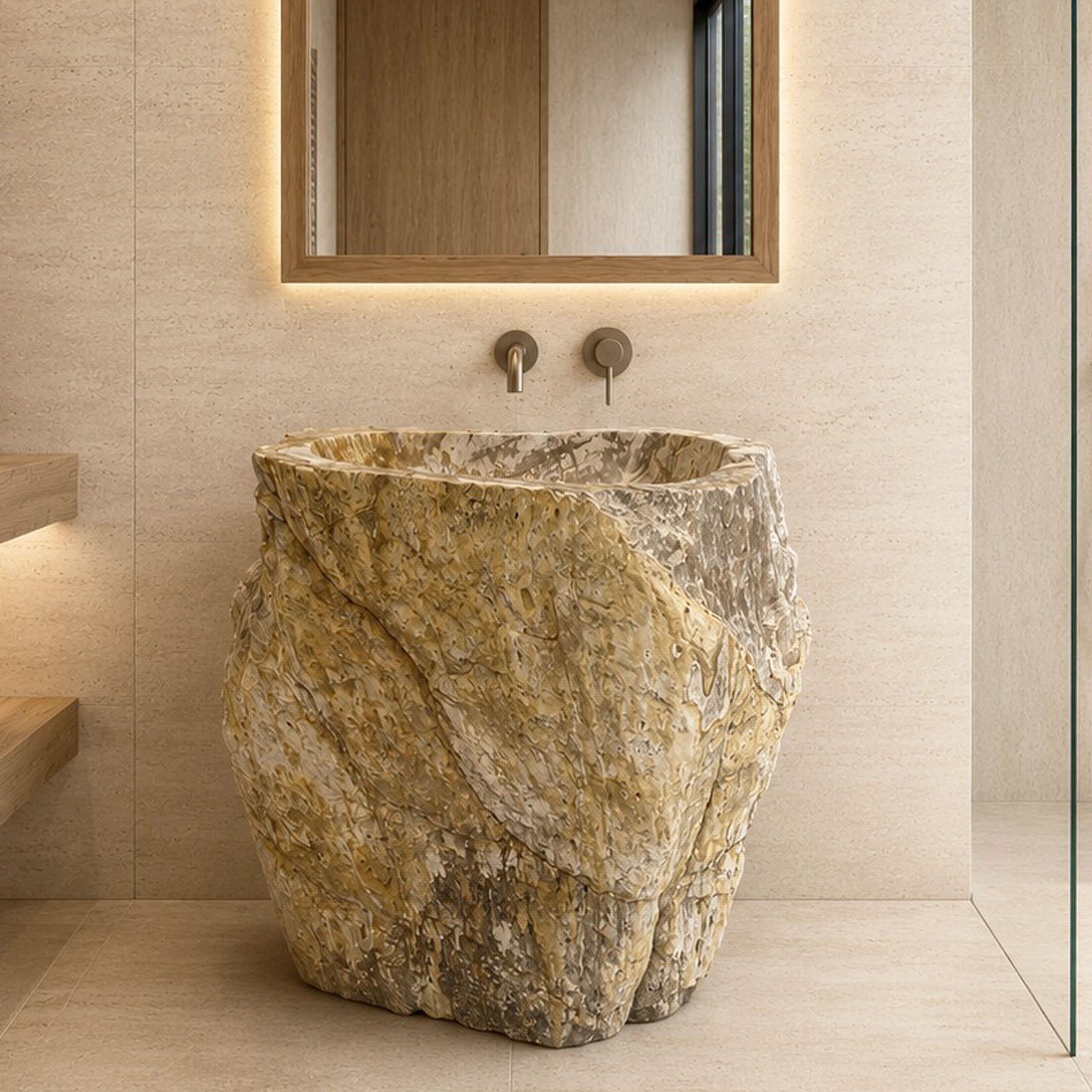 Standwaschbecken aus versteinertem Holz | handgefertigtes Unikat | 87 × 47 × 90 cm | Zakynthos Z14