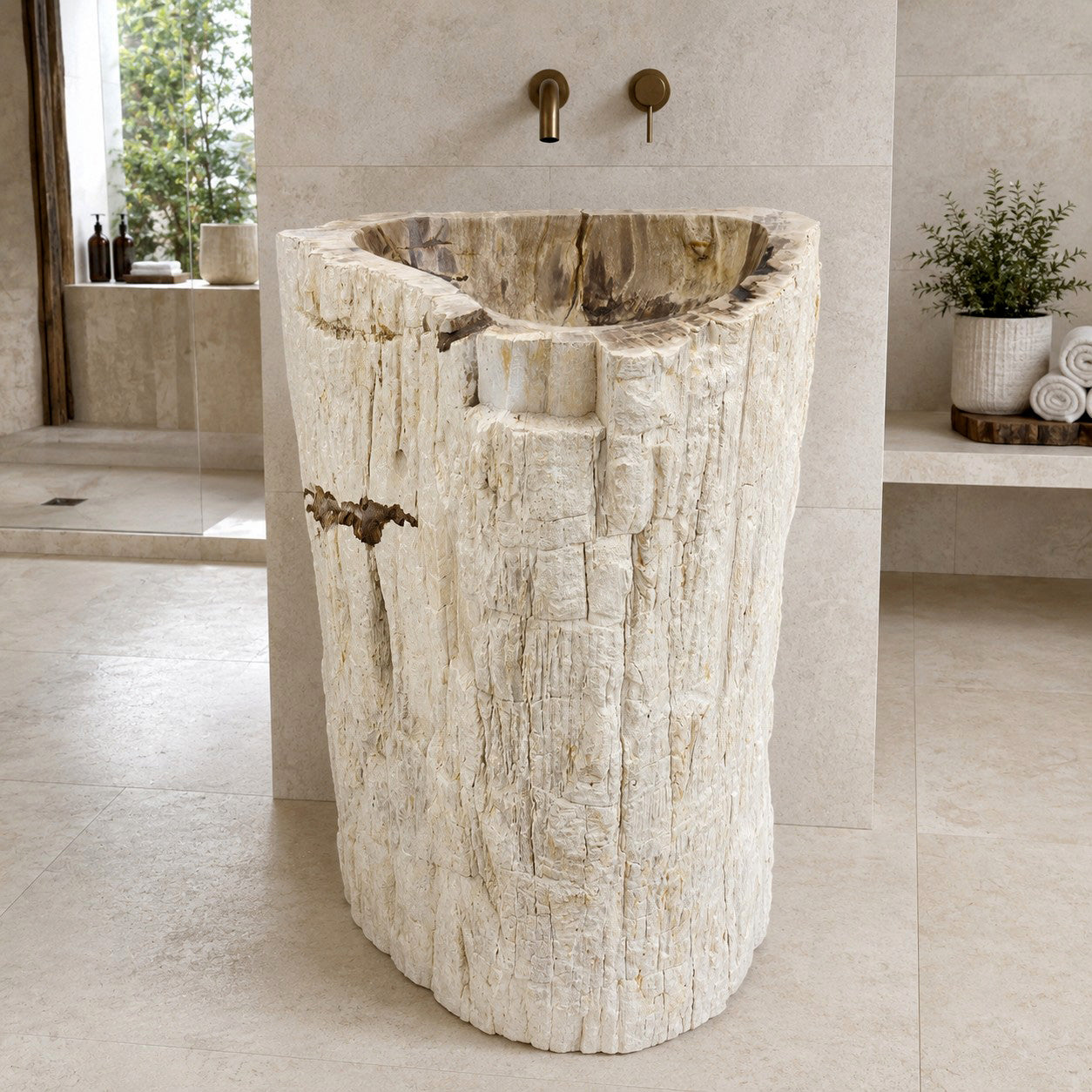 Standwaschbecken aus versteinertem Holz | naturbelassene Form | 58 × 46 × 90 cm | Zakynthos Z2