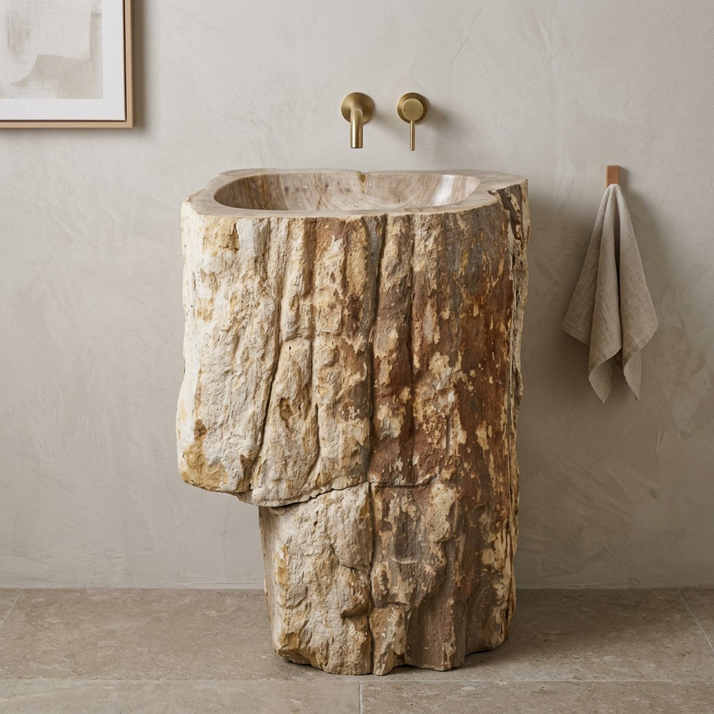 Standwaschbecken aus versteinertem Holz | handgefertigtes Unikat | 65 × 55 × 90 cm | Zakynthos Z9