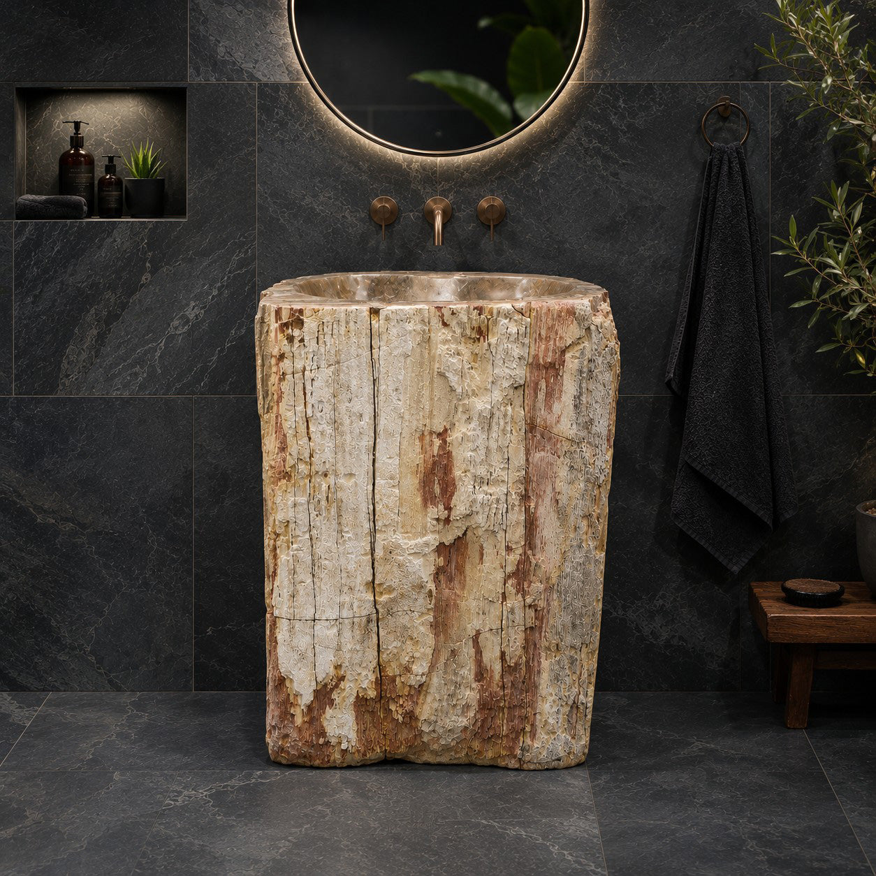 Standwaschbecken aus versteinertem Holz | Hahnlochbohrung möglich | 58 × 44 × 91 cm | Zakynthos ZH2