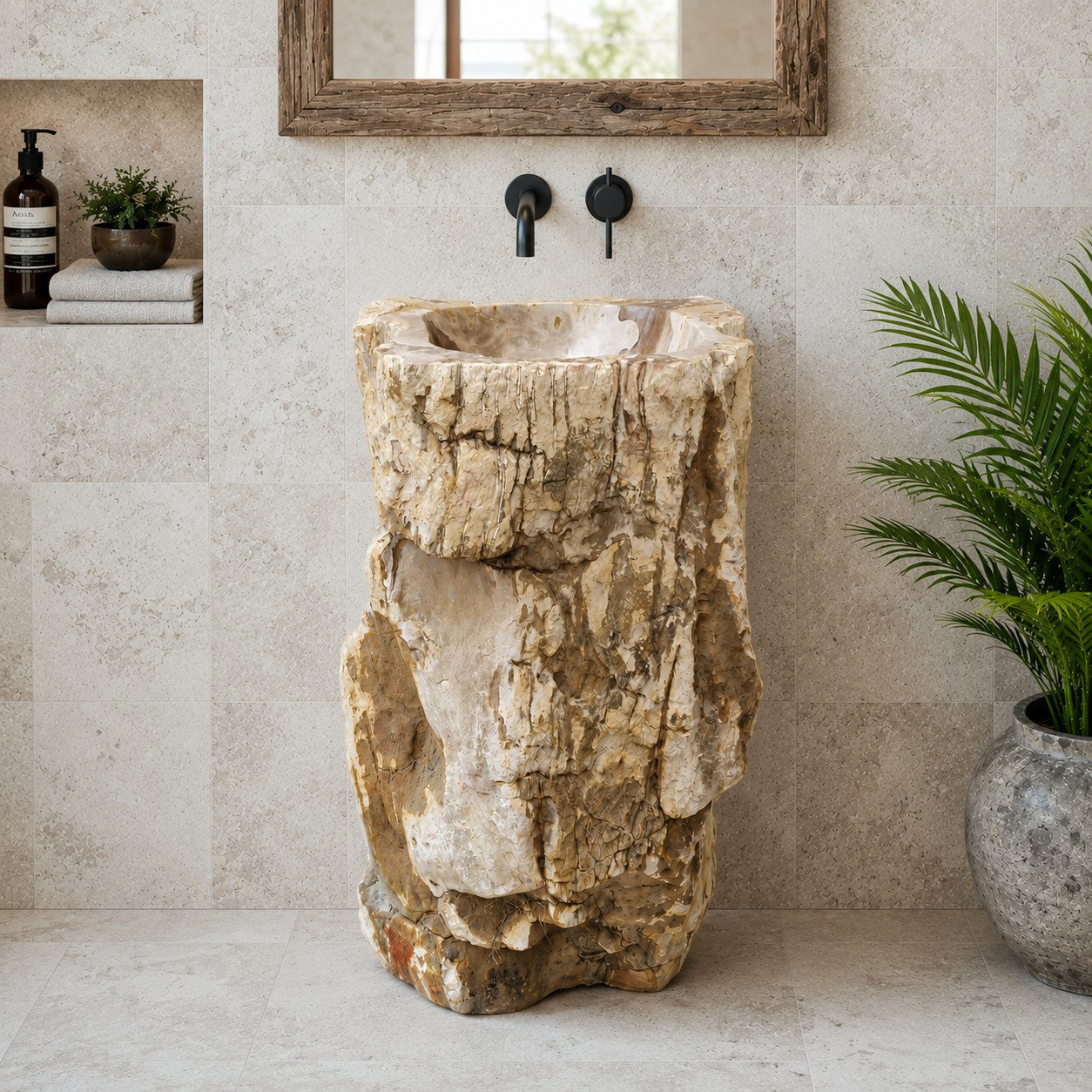 Standwaschbecken aus versteinertem Holz | mit Unteranschluss | 57 × 47 × 90 cm | Zakynthos ZU3