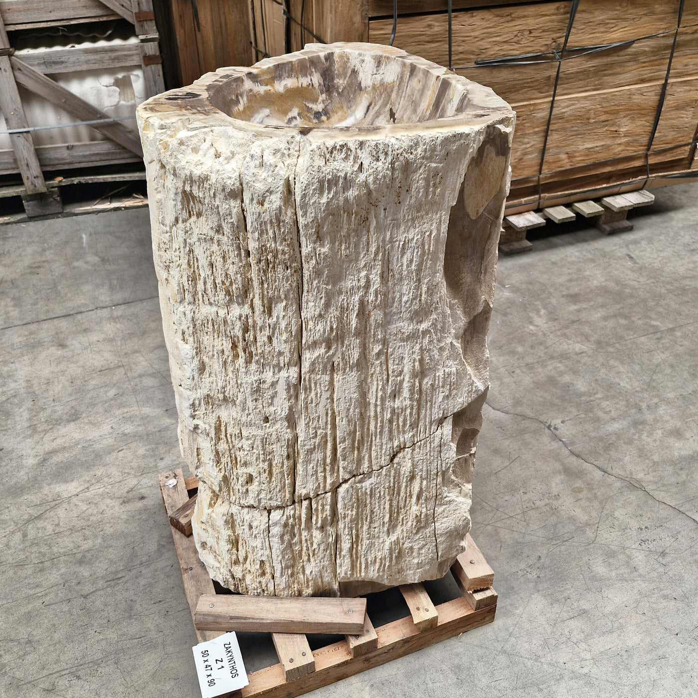 Standwaschbecken aus versteinertem Holz, 50x47x90 cm, Zakynthos Badgestaltung, naturbelassene Holzoptik