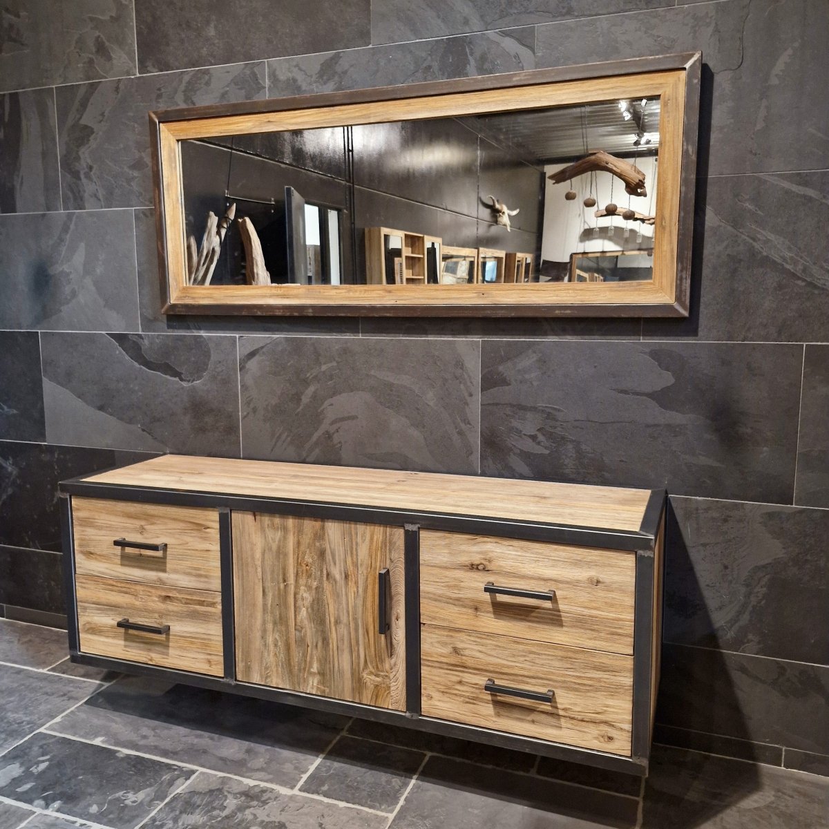 Hängeschrank mit Spiegel aus Teakholz für Badgestaltung, Metal Look Model 7, modernes Badezimmermöbel, natürliche Holzoptik