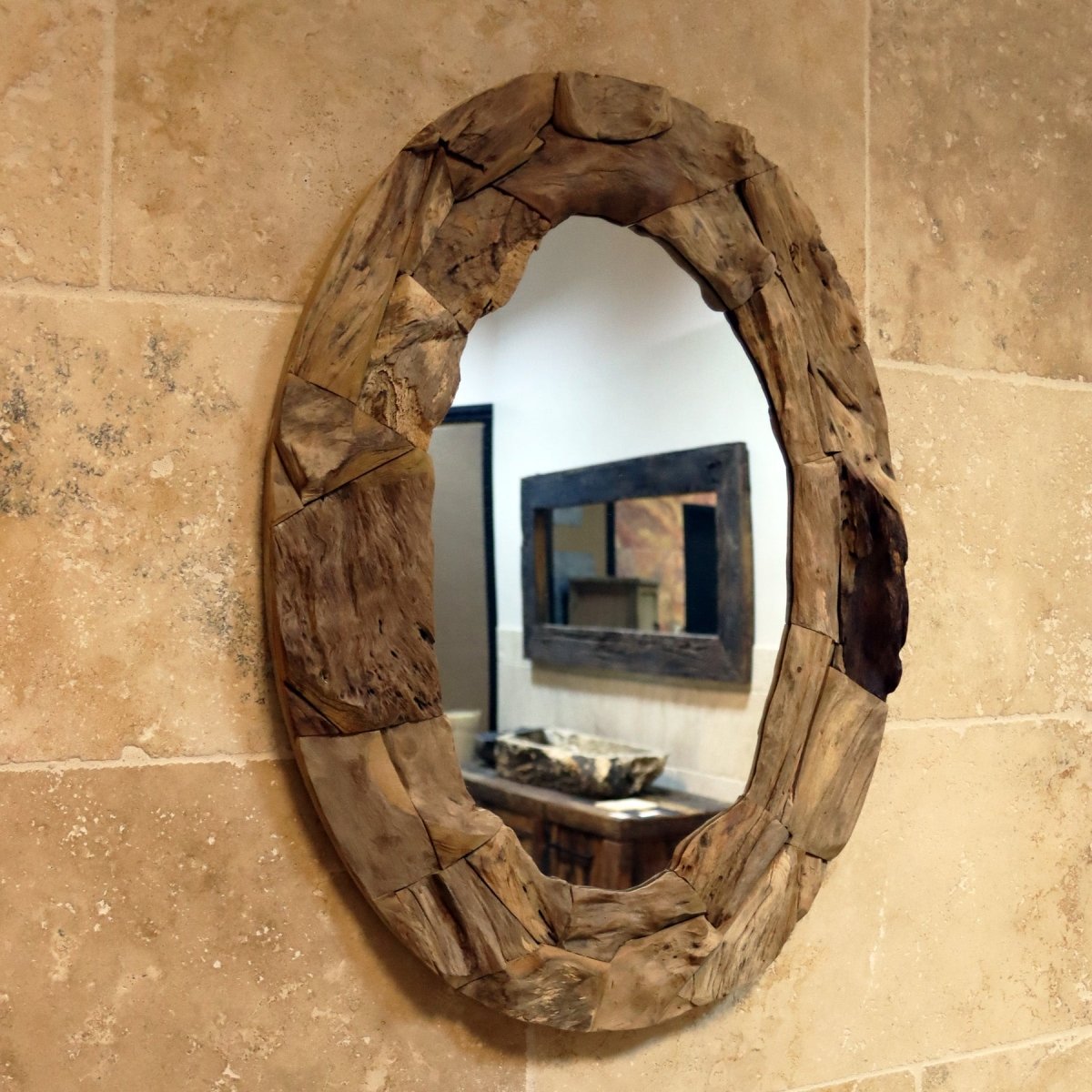 Wandspiegel Badspiegel | Oval | Recyceltes Teakholz | 50 x 70 cm