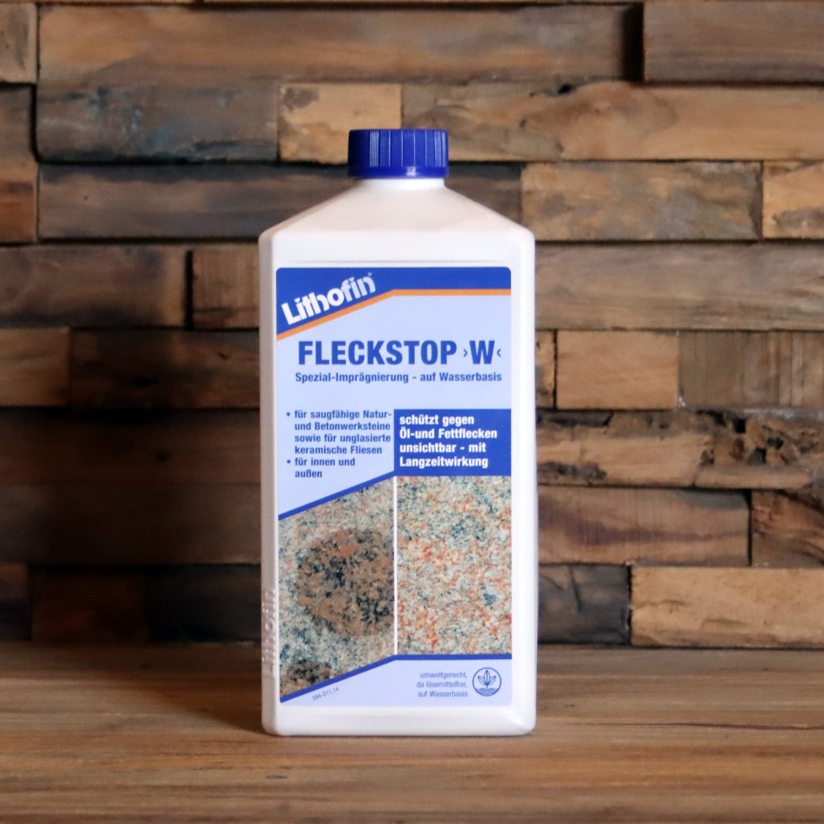 Lithofin FLECKSTOP >W< Pflege und Zubehör Reinigung für Badewanne und Fliesen, Flasche mit Reinigungsmitteln auf weißen Oberflächen
