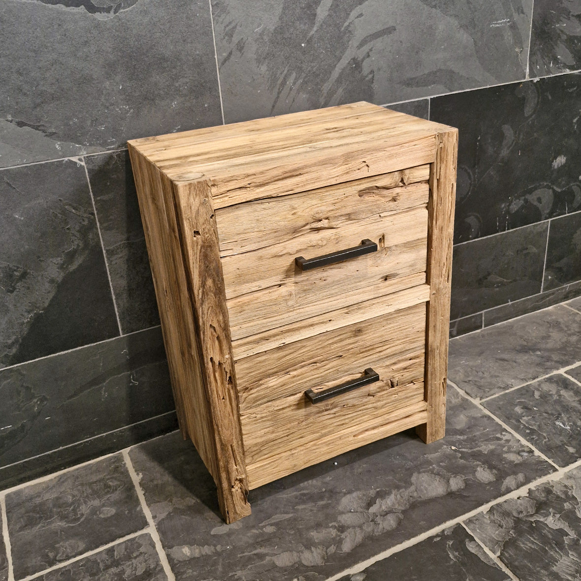 Bantam Teak Badmöbel, kompakte Badgestaltung aus recyceltem Holz, Modell 9, mit Waschtisch und Stauraum, natürliche Holzoptik