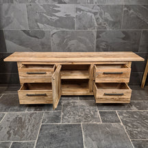 Badezimmermöbel mit Waschbeckenunterschrank aus recyceltem Teakholz, Badgestaltung von BINTAN, großzügiger 240 cm Unterschrank