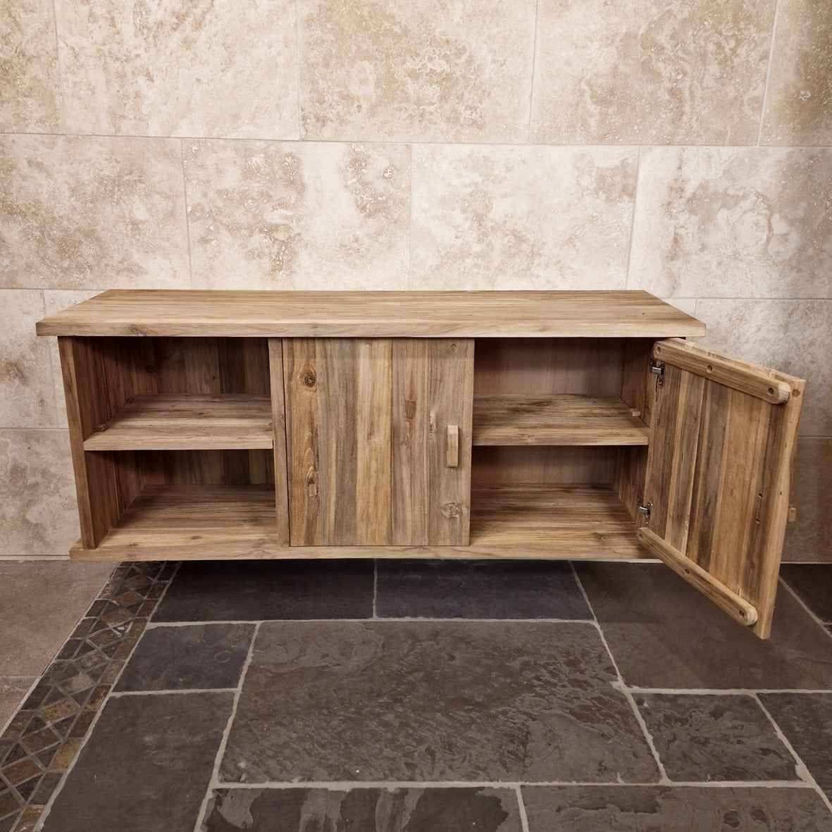 Hängeschrank aus Teakholz für das Badezimmer, Brunei Badgestaltung, natürliche Optik, 150x50x60cm, stilvoll und funktional
