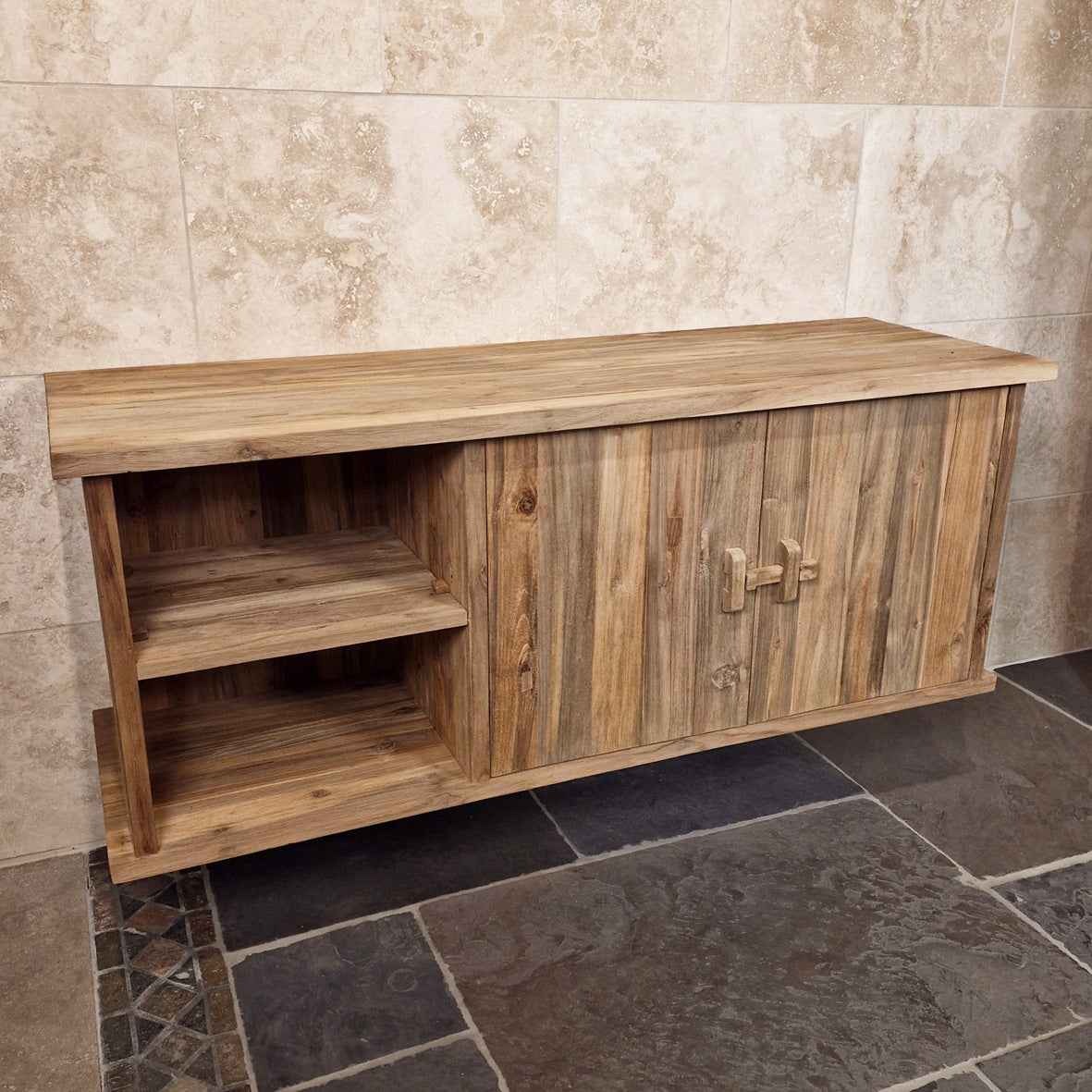 Hängeschrank aus Teakholz für das Badezimmer, Brunei Badgestaltung, natürlicher Holzlook, Maße 150x50x60cm, stilvolles Badmöbel
