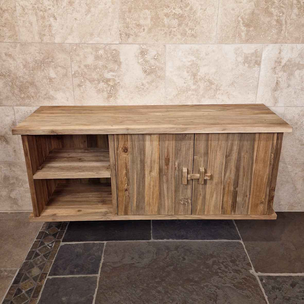 Hängeschrank aus Teakholz für das Badezimmer, Brunei Badgestaltung, natürliche Holzoptik, Maße 150x50x60 cm, modernes Design