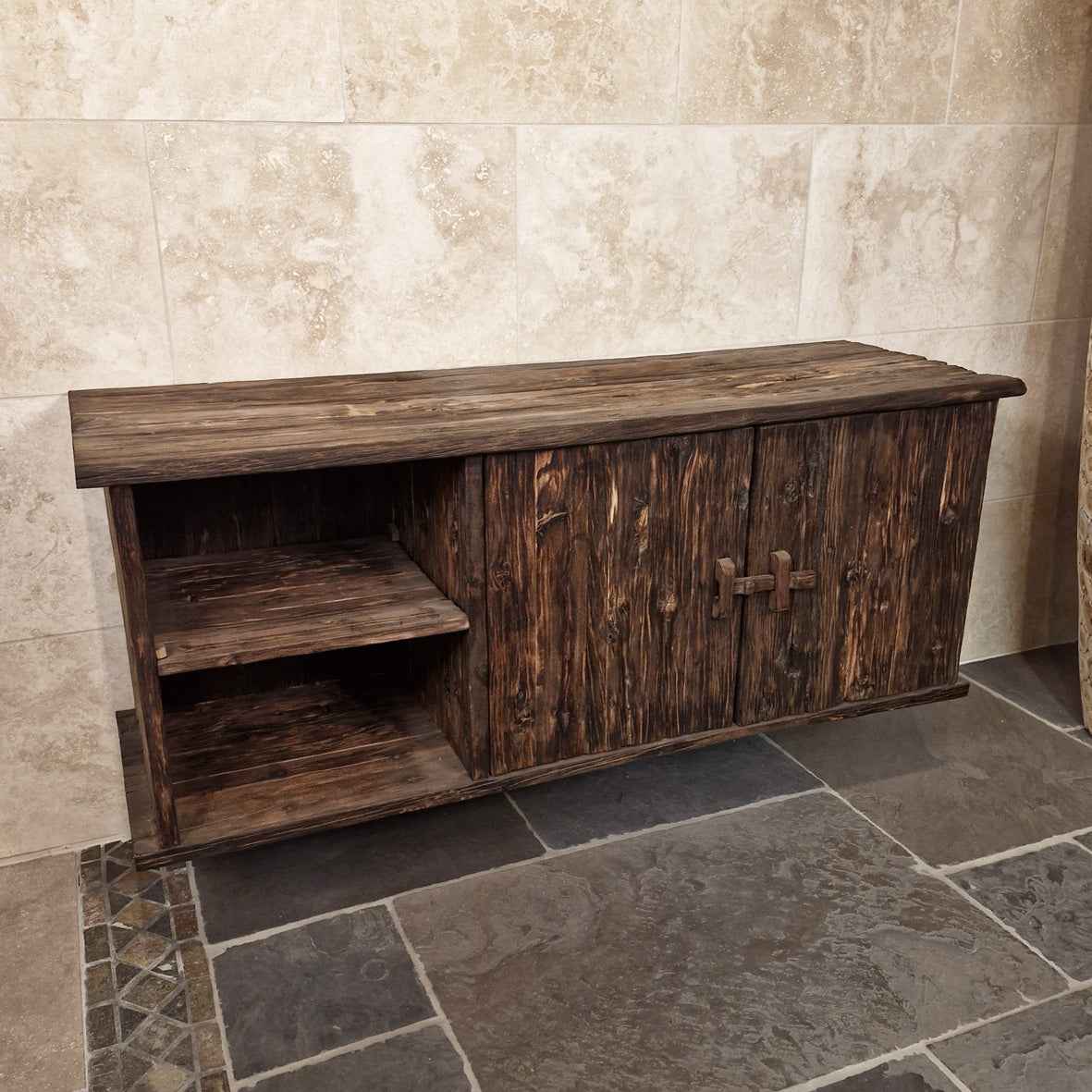 Brunei Teakholz Hängeschrank für Bad, 150x50x60cm, natürliches Design, Wandmöbel für Badezimmer, aus gebranntem Holz gefertigt