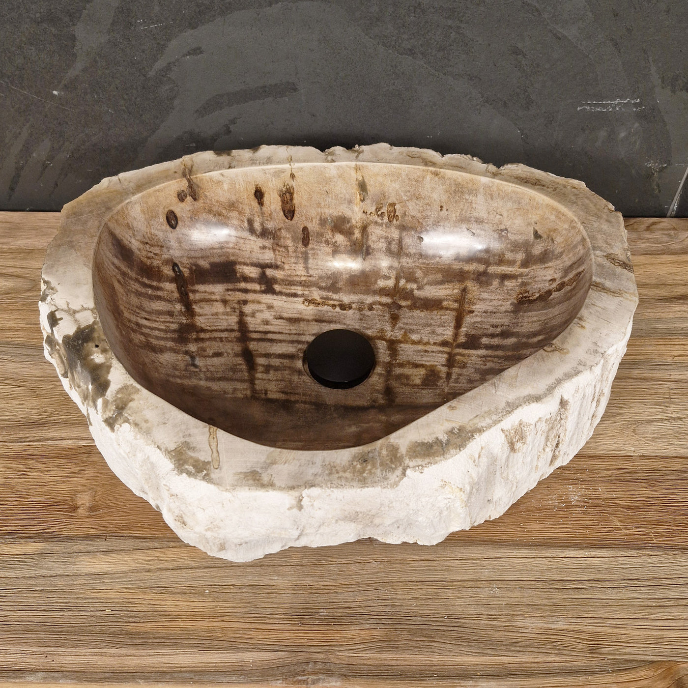 Aufsatzwaschbecken aus versteinertem Holz von Fossil Wood, naturbelassenes Unikat, 40-60 cm, für elegante Badgestaltung