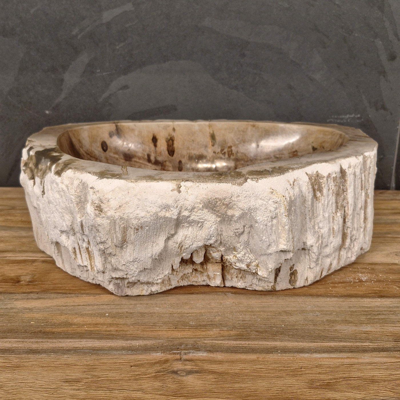 Aufsatzwaschbecken aus versteinertem Holz von Fossil Wood, Naturstein, handgefertigtes Unikat, Maße 49x40x15 cm.