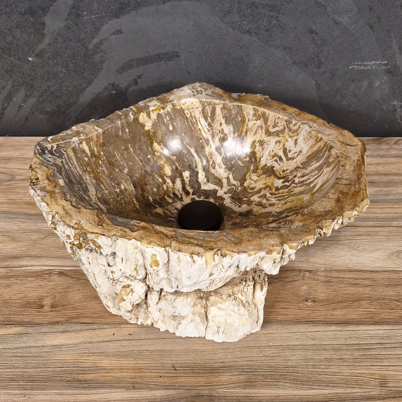 Aufsatzwaschbecken aus versteinertem Holz von FOSSIL WOOD, Naturstein, handgefertigtes Unikat, 44x42x15 cm für Badgestaltung