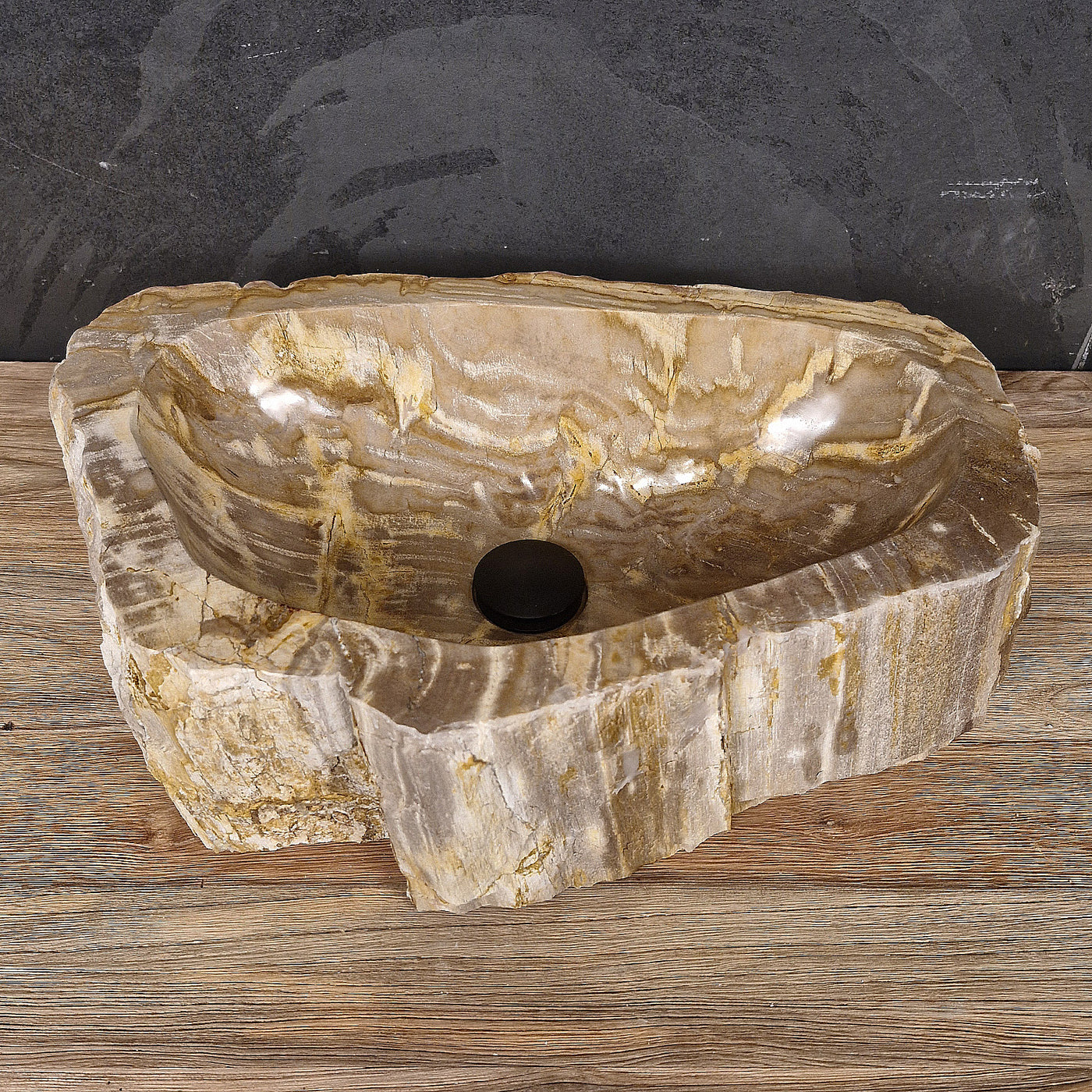 Aufsatzwaschbecken aus versteinertem Holz von FOSSIL WOOD, Naturstein, Unikat, 53x33x15 cm, für Badezimmergestaltung