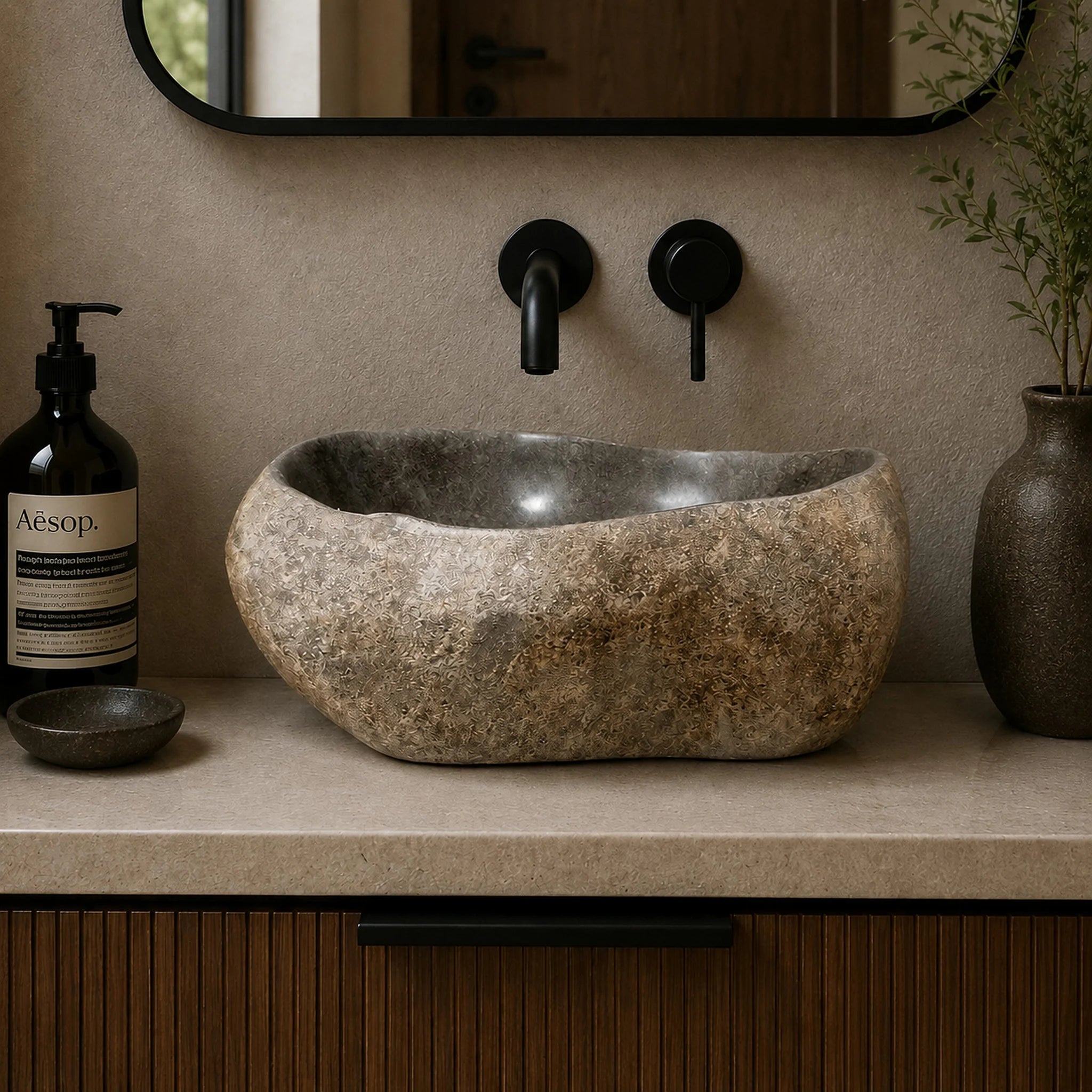 Aufsatzwaschbecken aus Flussstein | Naturstein | Unikate | 30-40 cm