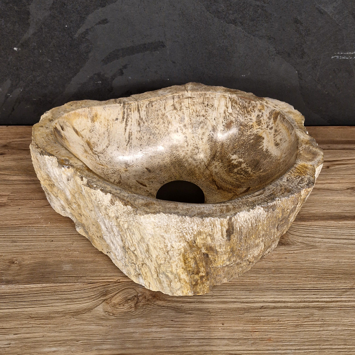 Aufsatzwaschbecken aus versteinertem Holz von FOSSIL WOOD, Naturstein, Maße 39x29x15cm, handgefertigt, Unikat für Badgestaltung