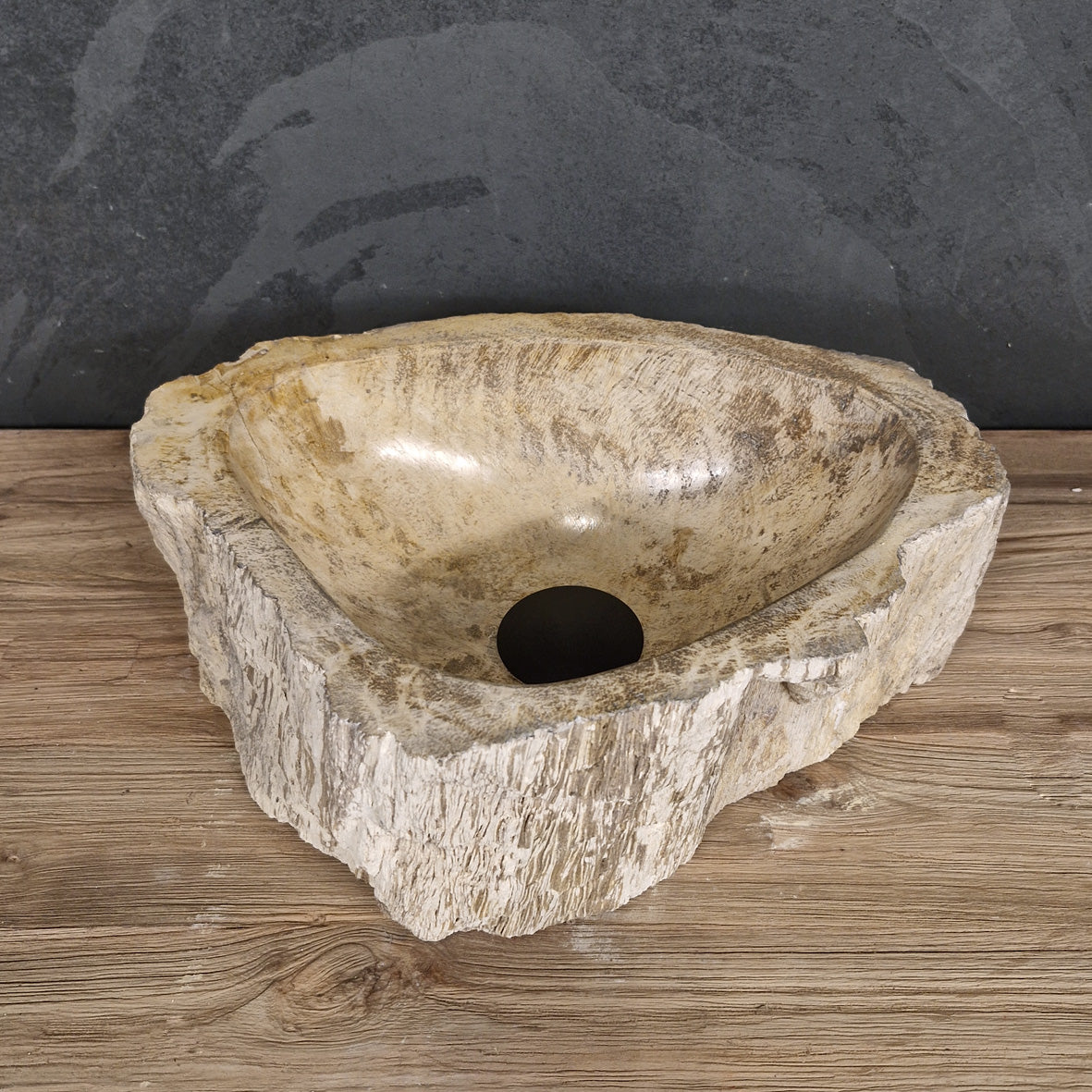Aufsatzwaschbecken aus versteinertem Holz, Fossil Wood, 38x30x14cm, einzigartiges Naturstein-Badgestaltung