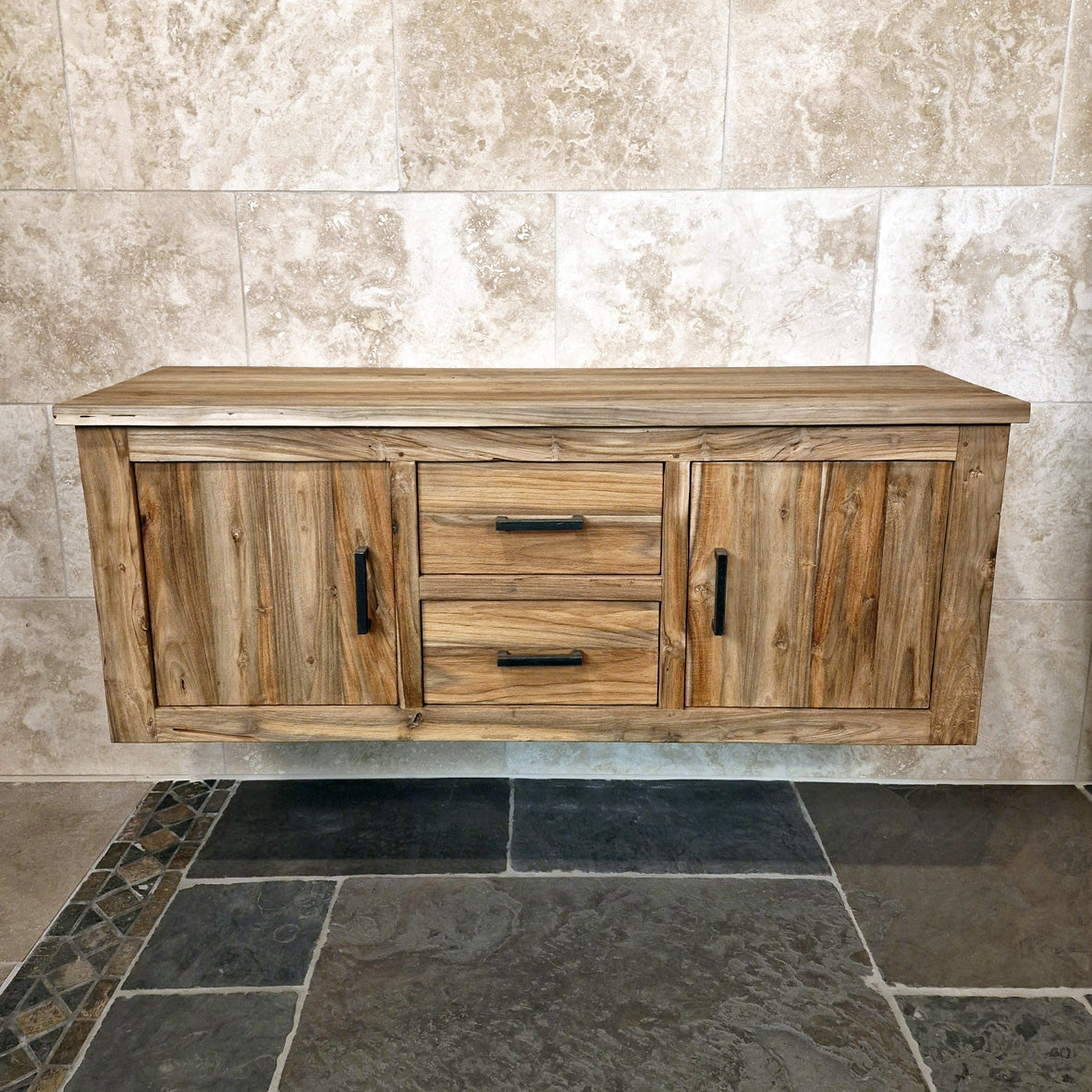 Wandhängeschrank Badezimmer aus recyceltem Teakholz, Jakarta, 150x48x58cm, für stilvolle Badgestaltung.