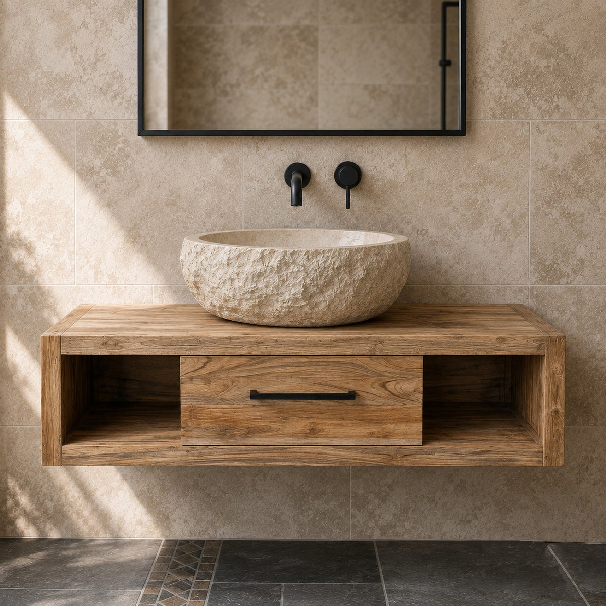 Hängeschrank für Bad | Recyceltes Teakholz | Wandmontage natur | Model 1